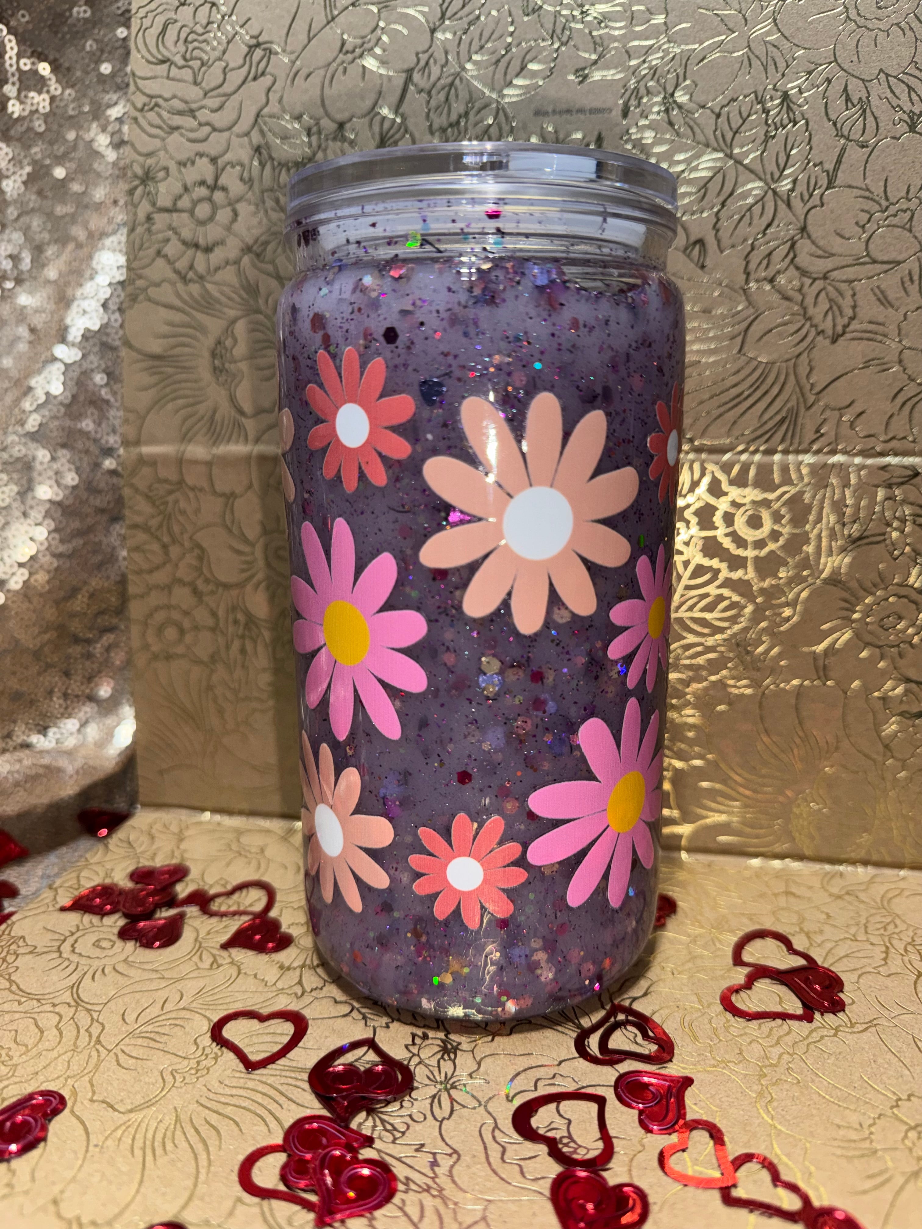 Lavender Daisy Suspended Shimmer Tumbler 16oz– Handmade Floral Glitter Cup with Soft Floating Movement, Aesthetic Spring Drinkware Lavender Floral Tumbler with Floating Glitter Effect | Handmade Daisy Design Cup for Spring & Everyday Use