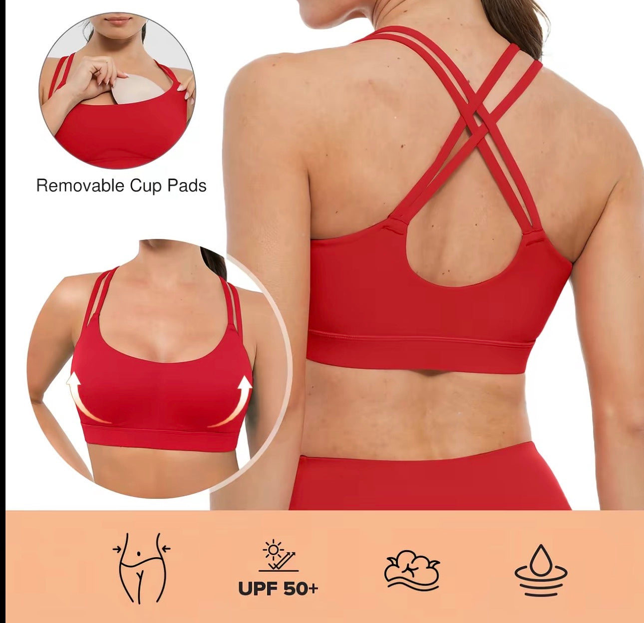 Strappy Sports Bras for Women High Support Criss-Cross Back Padded with Removable Cups Yoga Workout Activewear UPF 50+ Sun Protection