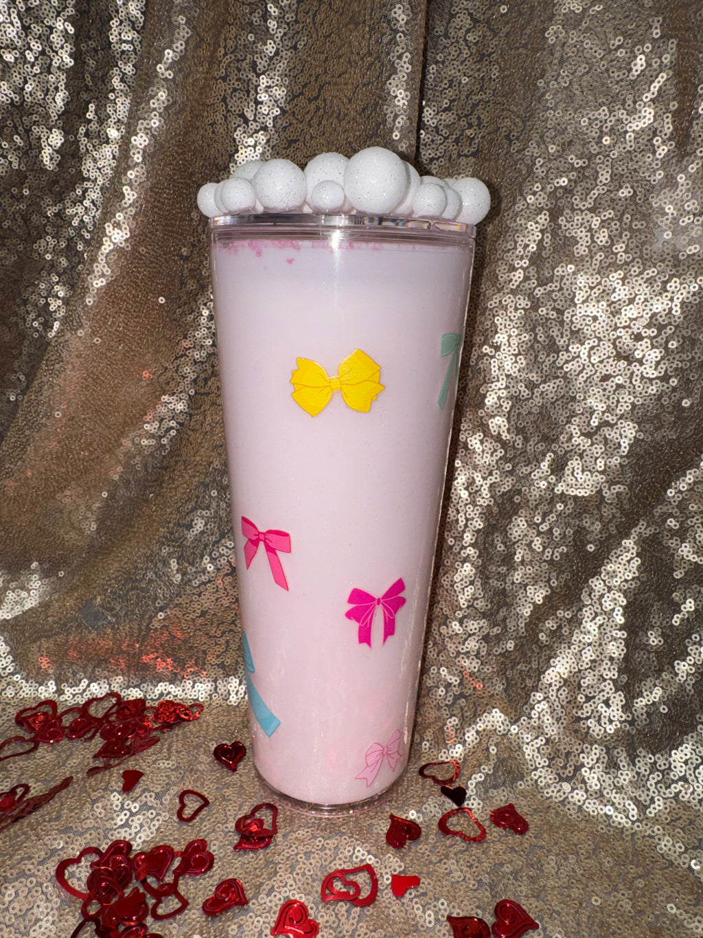 Milky Blush Pink Tumbler 24oz Pre Made And Custom Perfect Gift For Valentines Day with Adorable Bow Design