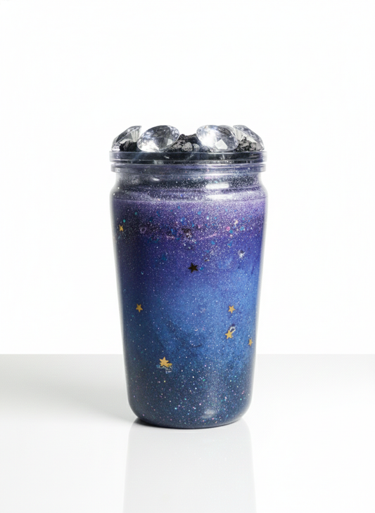 Galaxy Snow Globe Tumbler 16 oz Plastic with Glitter Cold Drinks Cup Lid & Straw Mesmerizing Blue Purple Swirls Star Accents