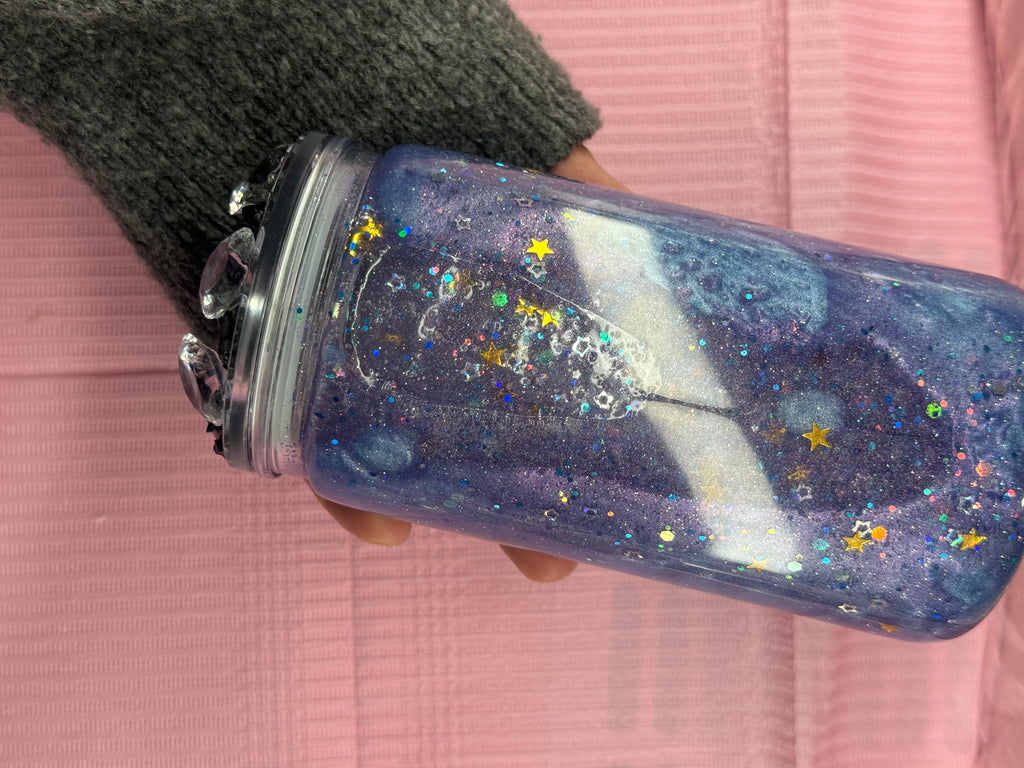 Galaxy Snow Globe Tumbler 16 oz Plastic with Glitter Cold Drinks Cup Lid & Straw Mesmerizing Blue Purple Swirls Star Accents