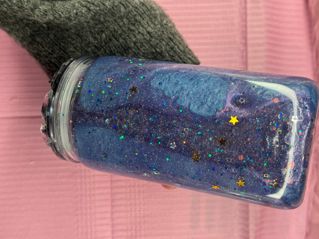 Galaxy Snow Globe Tumbler 16 oz Plastic with Glitter Cold Drinks Cup Lid & Straw Mesmerizing Blue Purple Swirls Star Accents