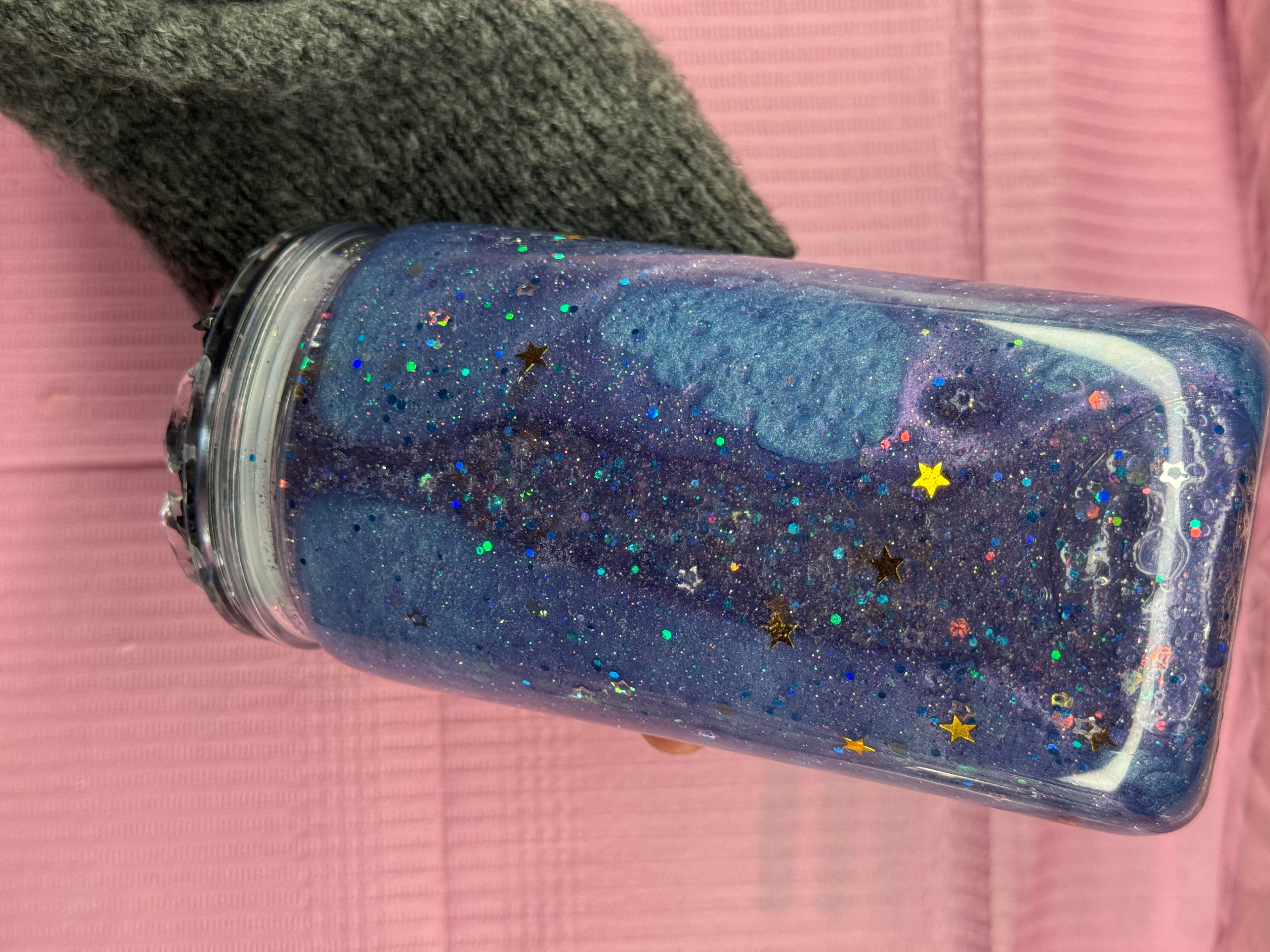 Galaxy Snow Globe Tumbler 16 oz Plastic with Glitter Cold Drinks Cup Lid & Straw Mesmerizing Blue Purple Swirls Star Accents