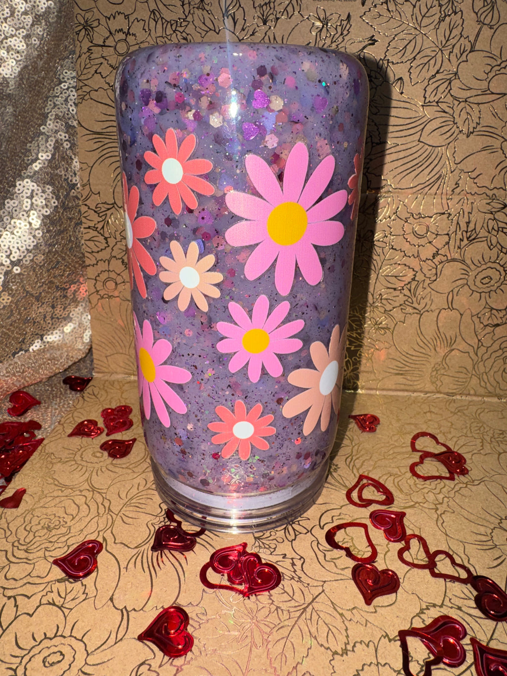 Lavender Daisy Suspended Shimmer Tumbler 16oz– Handmade Floral Glitter Cup with Soft Floating Movement, Aesthetic Spring Drinkware Lavender Floral Tumbler with Floating Glitter Effect | Handmade Daisy Design Cup for Spring & Everyday Use