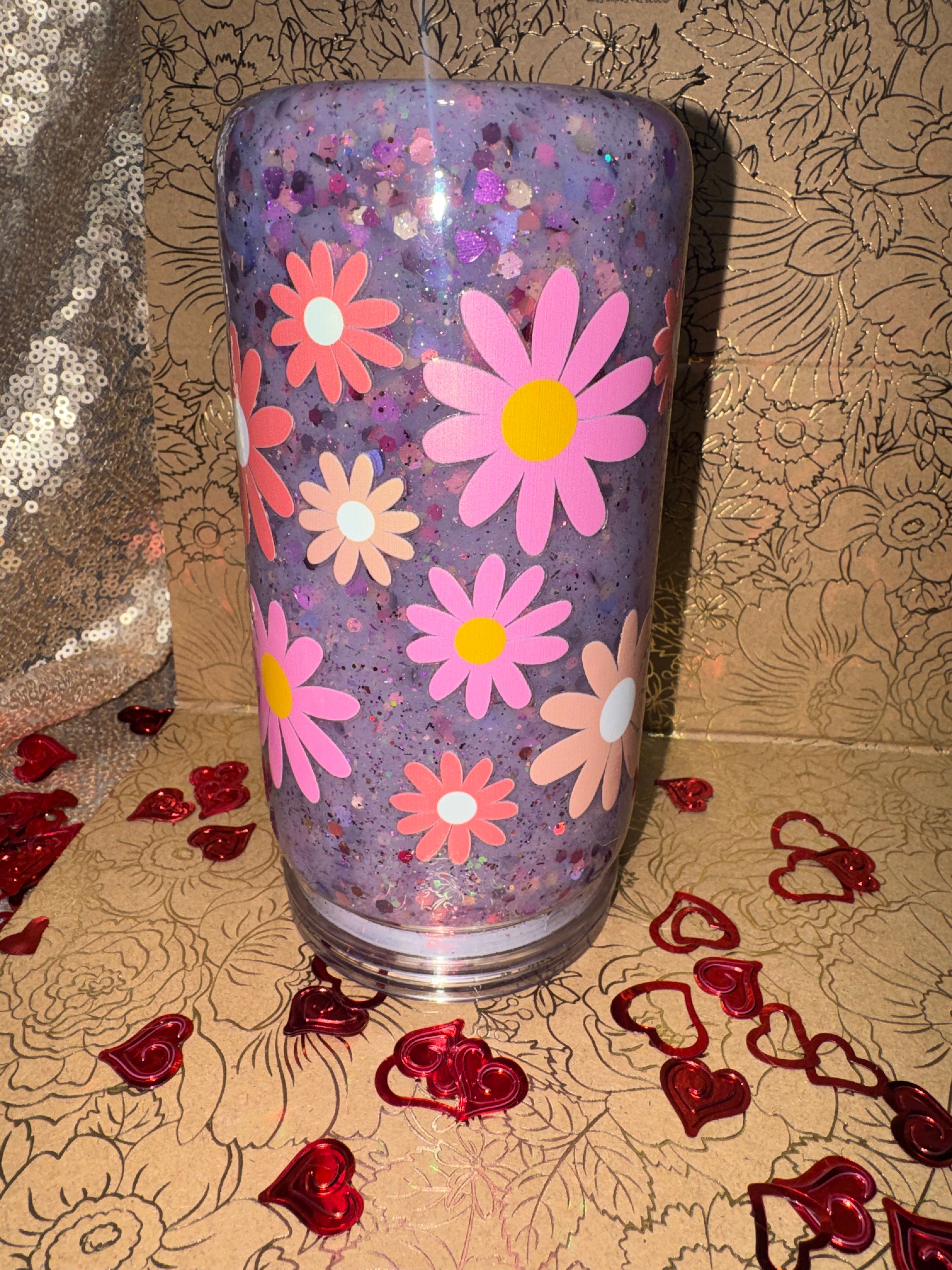 Lavender Daisy Suspended Shimmer Tumbler 16oz– Handmade Floral Glitter Cup with Soft Floating Movement, Aesthetic Spring Drinkware Lavender Floral Tumbler with Floating Glitter Effect | Handmade Daisy Design Cup for Spring & Everyday Use