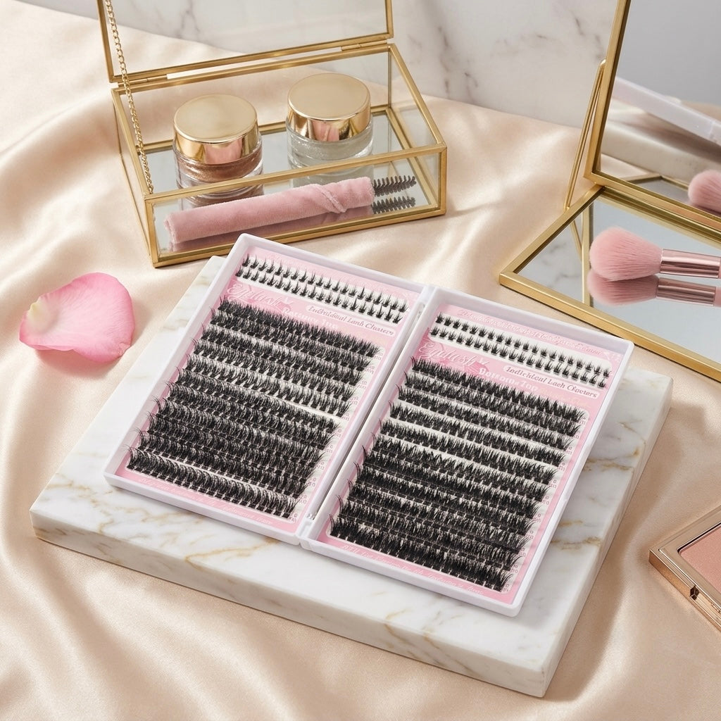 Lash Clusters Kit, 22 Top Styles of Wispy Manga Lashes (10-18mm),4 Bottom Lash Rows, D Curl Volume Lash Book Set with Glue, Brush Tweezers, Fluffy Natural Look Easy to Apply