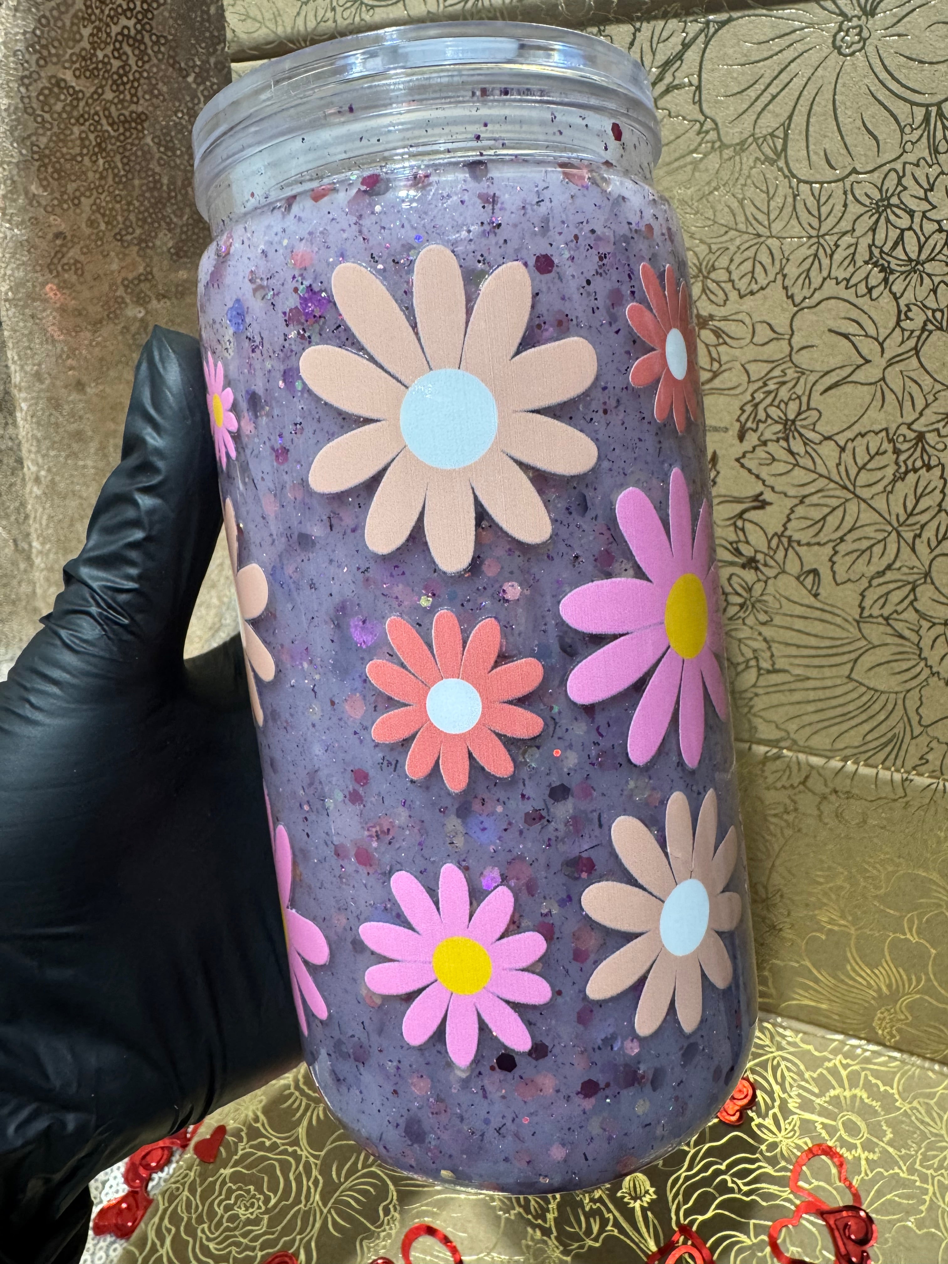 Lavender Daisy Suspended Shimmer Tumbler 16oz– Handmade Floral Glitter Cup with Soft Floating Movement, Aesthetic Spring Drinkware Lavender Floral Tumbler with Floating Glitter Effect | Handmade Daisy Design Cup for Spring & Everyday Use