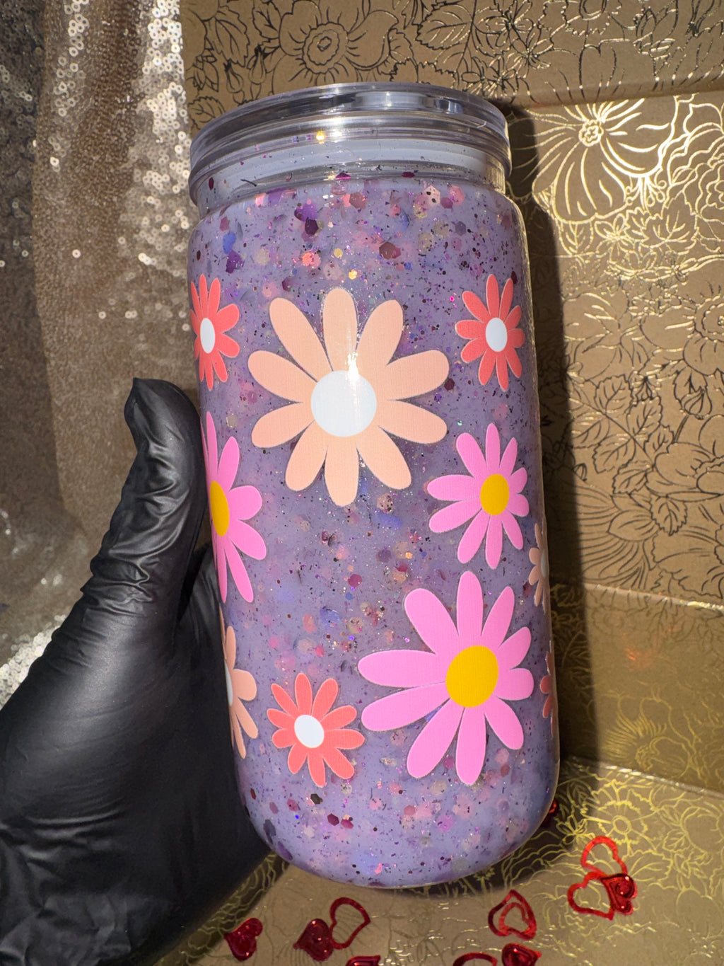 Lavender Daisy Suspended Shimmer Tumbler 16oz– Handmade Floral Glitter Cup with Soft Floating Movement, Aesthetic Spring Drinkware Lavender Floral Tumbler with Floating Glitter Effect | Handmade Daisy Design Cup for Spring & Everyday Use