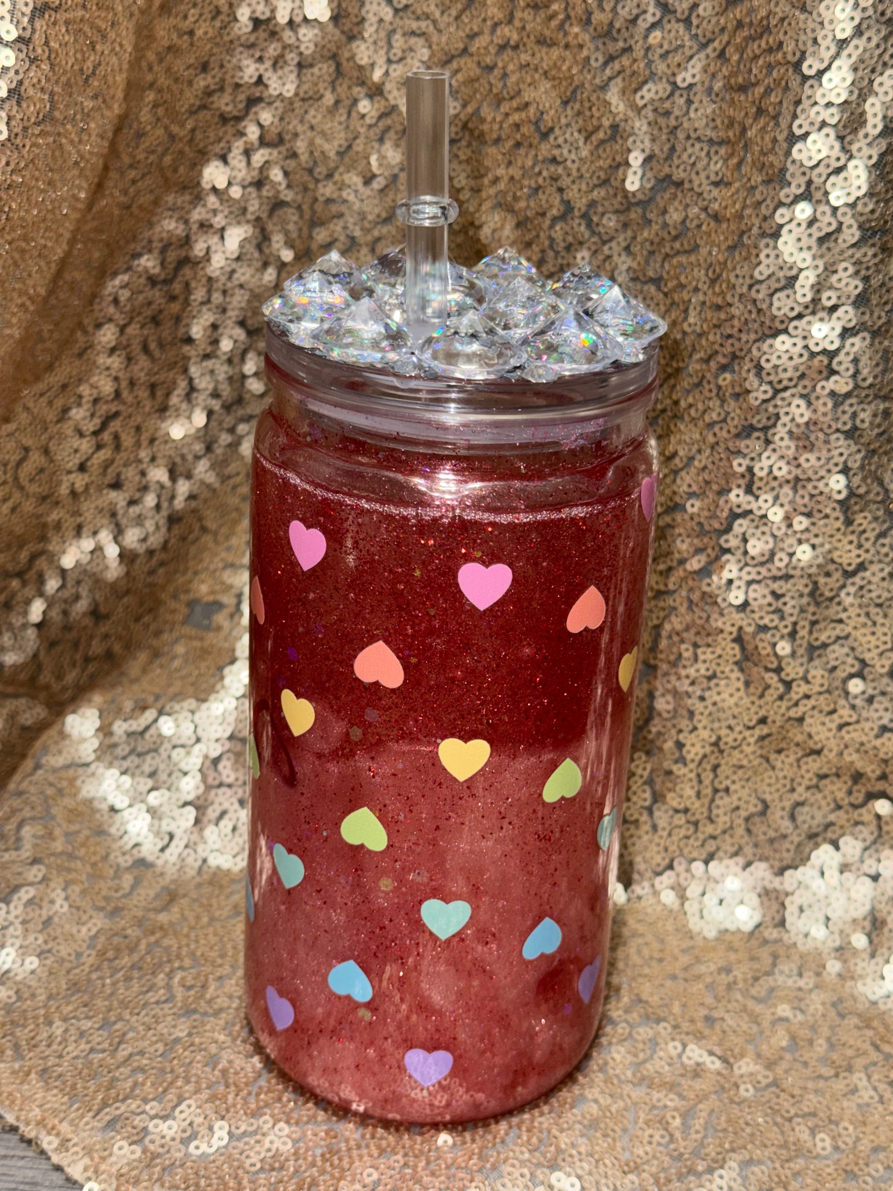 Ruby Love Snow Globe Tumbler 16oz with Colorful Heart Glitter Sparkling Lid Handcrafted Ruby Red Shimmer Perfect for Valentine's Gifts