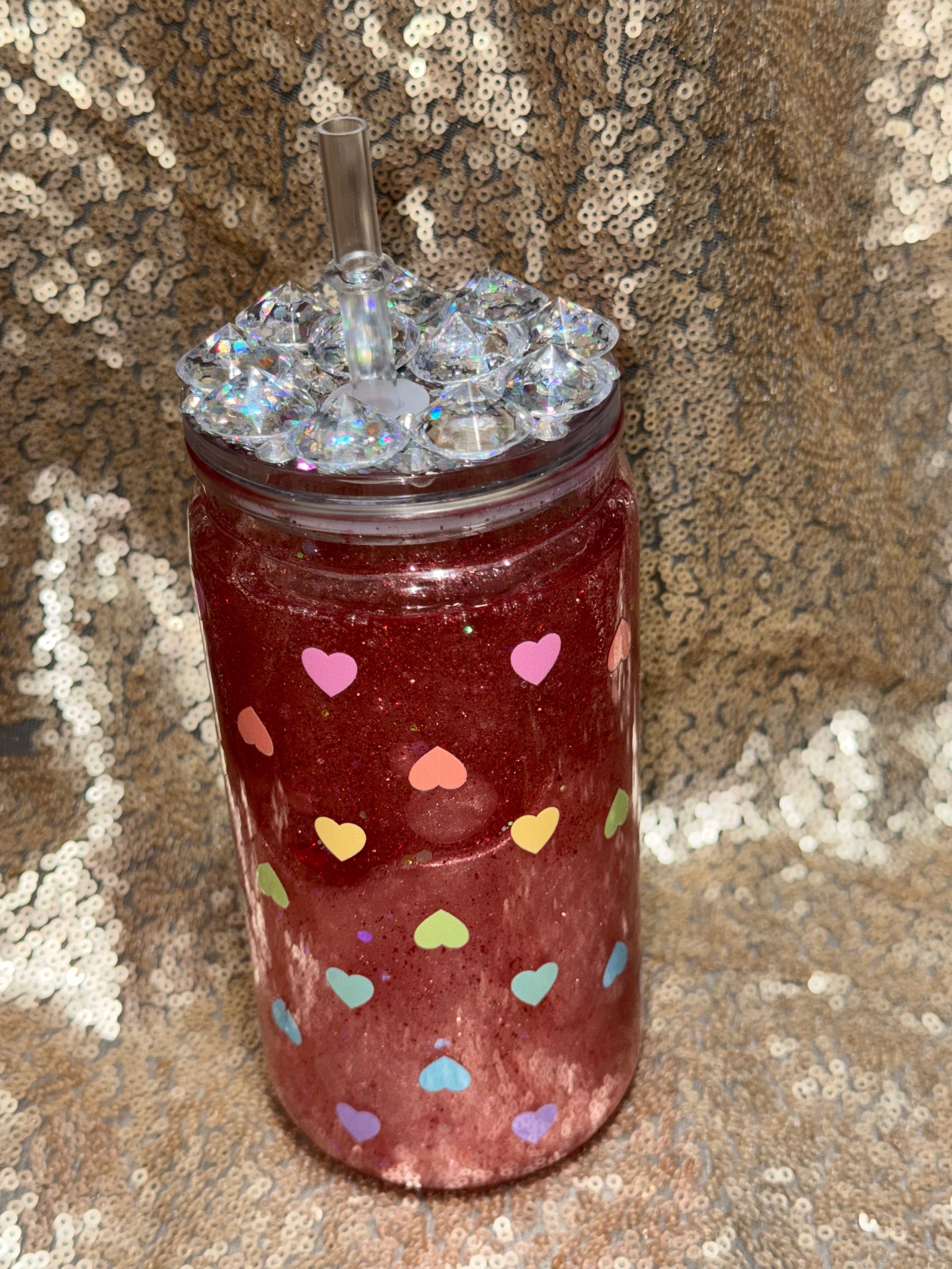 Ruby Love Snow Globe Tumbler 16oz with Colorful Heart Glitter Sparkling Lid Handcrafted Ruby Red Shimmer Perfect for Valentine's Gifts