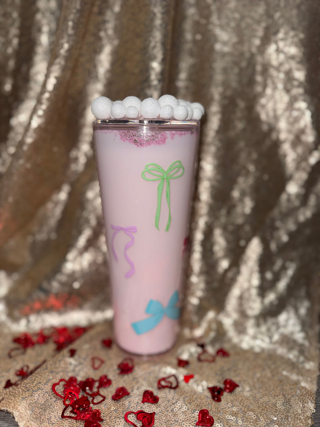 Milky Blush Pink Tumbler 24oz Pre Made And Custom Perfect Gift For Valentines Day with Adorable Bow Design