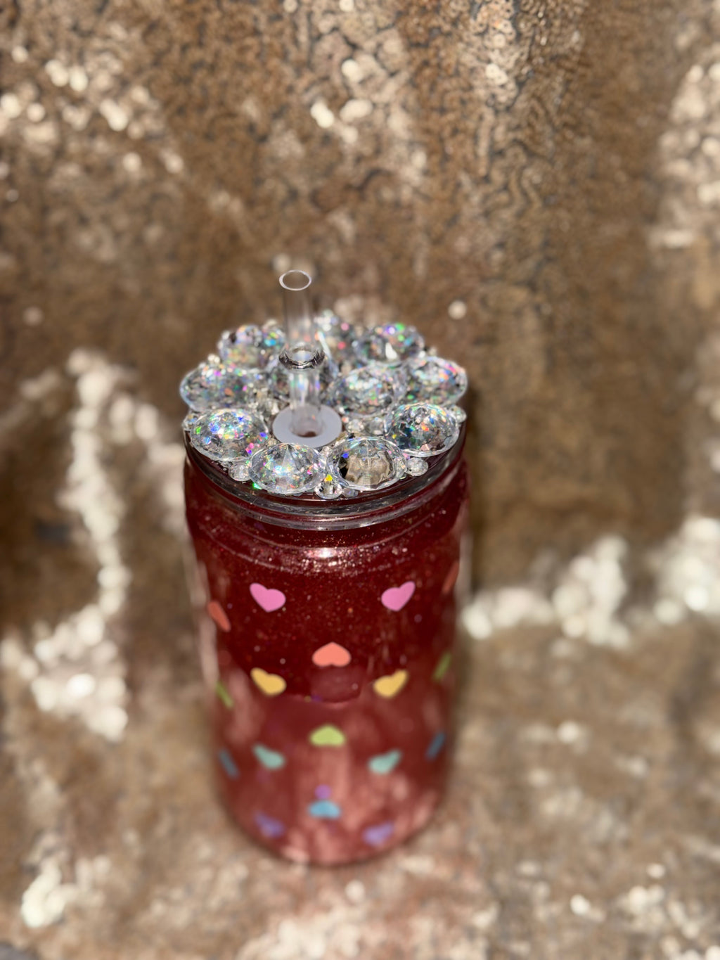 Ruby Love Snow Globe Tumbler 16oz with Colorful Heart Glitter Sparkling Lid Handcrafted Ruby Red Shimmer Perfect for Valentine's Gifts