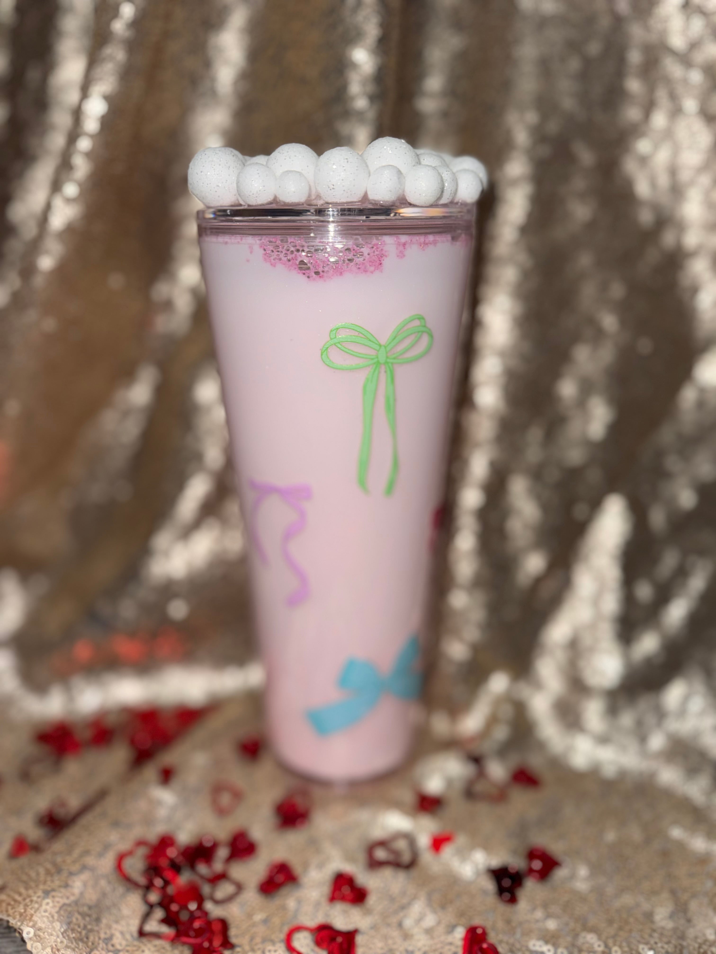 Milky Blush Pink Tumbler 24oz Pre Made And Custom Perfect Gift For Valentines Day with Adorable Bow Design