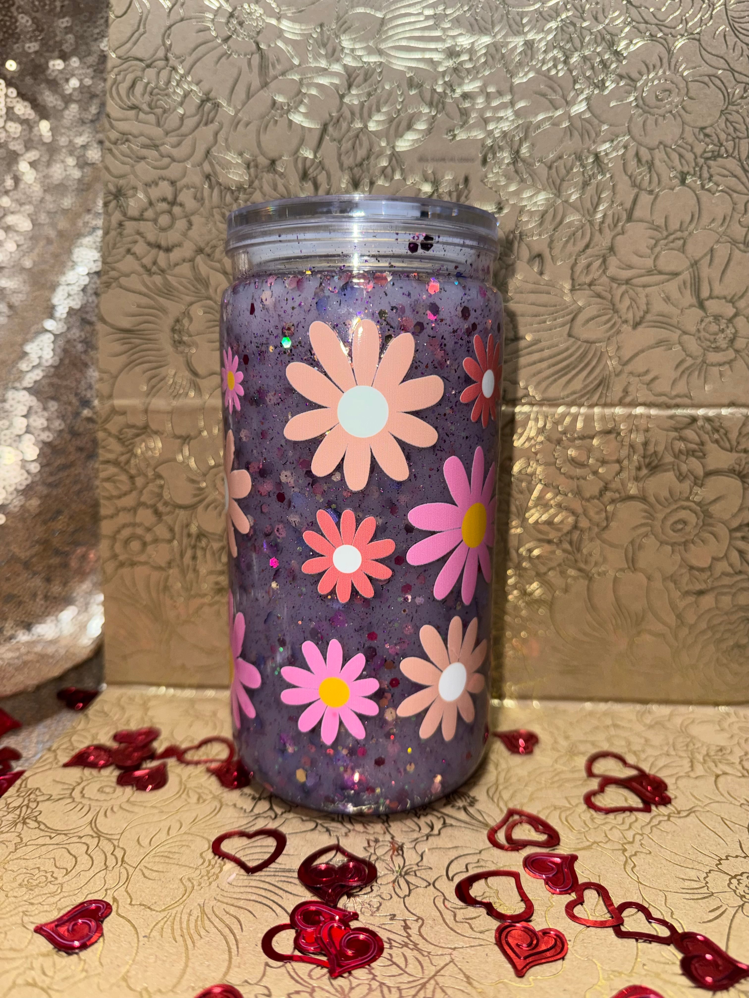 Lavender Daisy Suspended Shimmer Tumbler 16oz– Handmade Floral Glitter Cup with Soft Floating Movement, Aesthetic Spring Drinkware Lavender Floral Tumbler with Floating Glitter Effect | Handmade Daisy Design Cup for Spring & Everyday Use