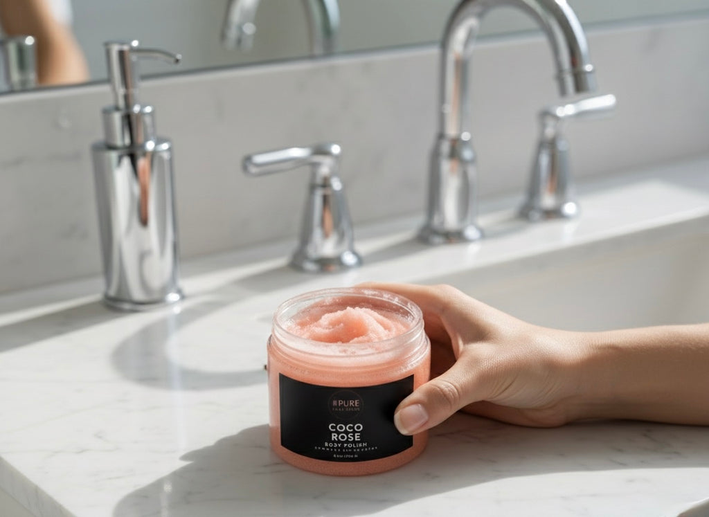 Pure Luxe Haus Coco Rose Body Polish, Exfoliating Sugar Scrub, 8.8 oz, Hydrating and Brightening