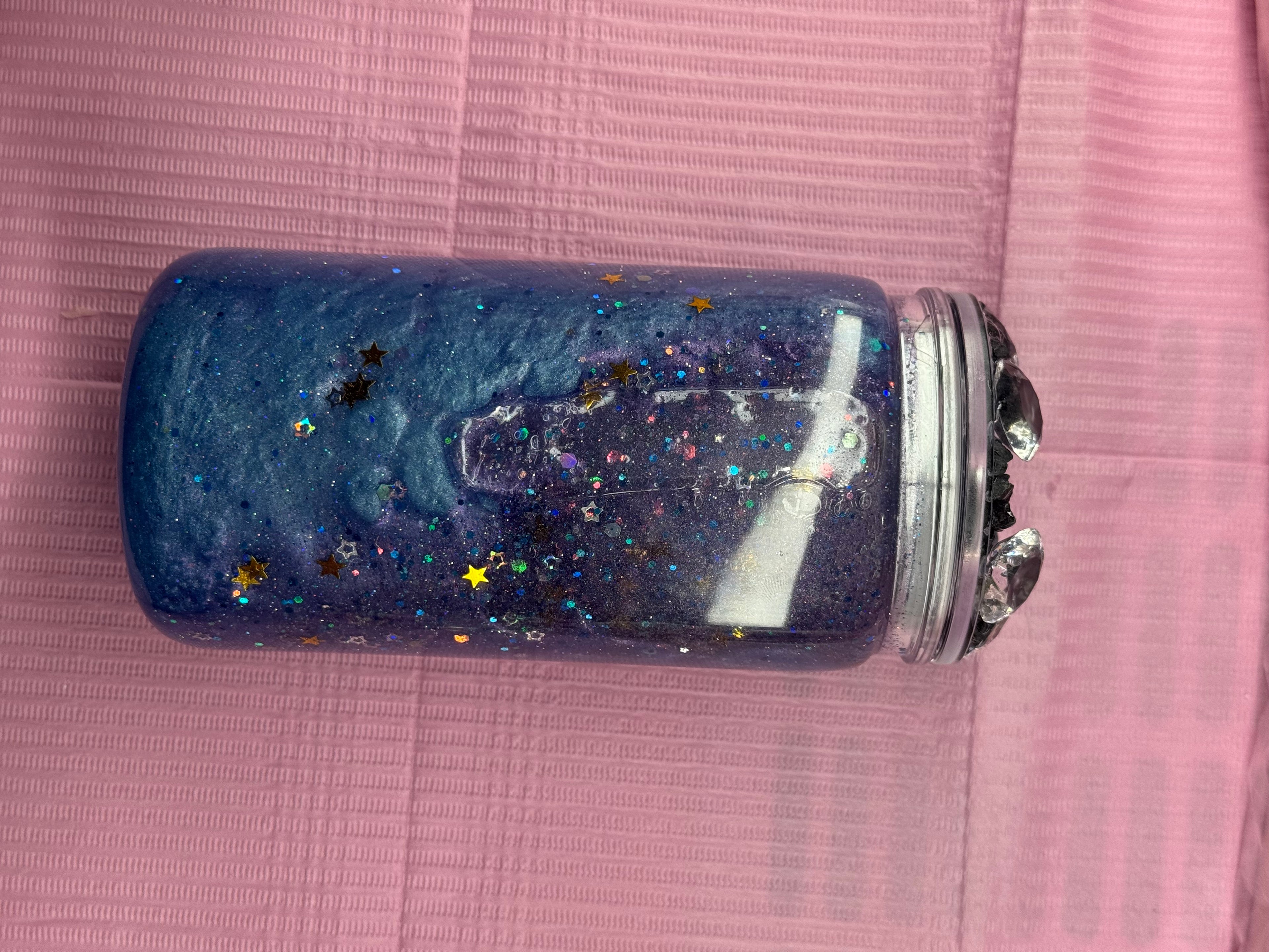 Galaxy Snow Globe Tumbler 16 oz Plastic with Glitter Cold Drinks Cup Lid & Straw Mesmerizing Blue Purple Swirls Star Accents