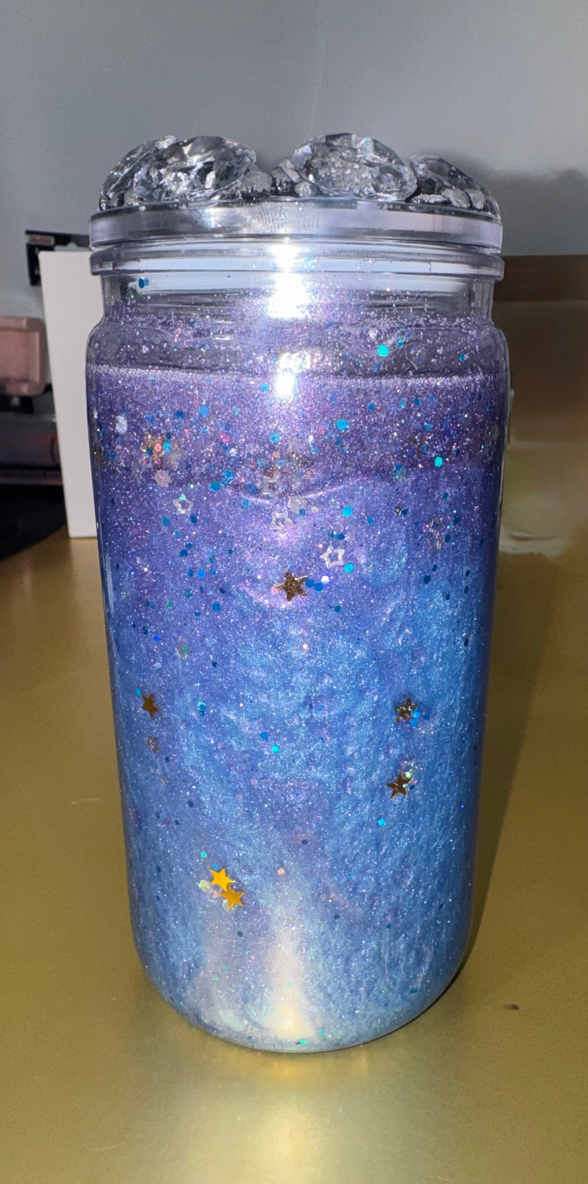 Galaxy Snow Globe Tumbler 16 oz Plastic with Glitter Cold Drinks Cup Lid & Straw Mesmerizing Blue Purple Swirls Star Accents