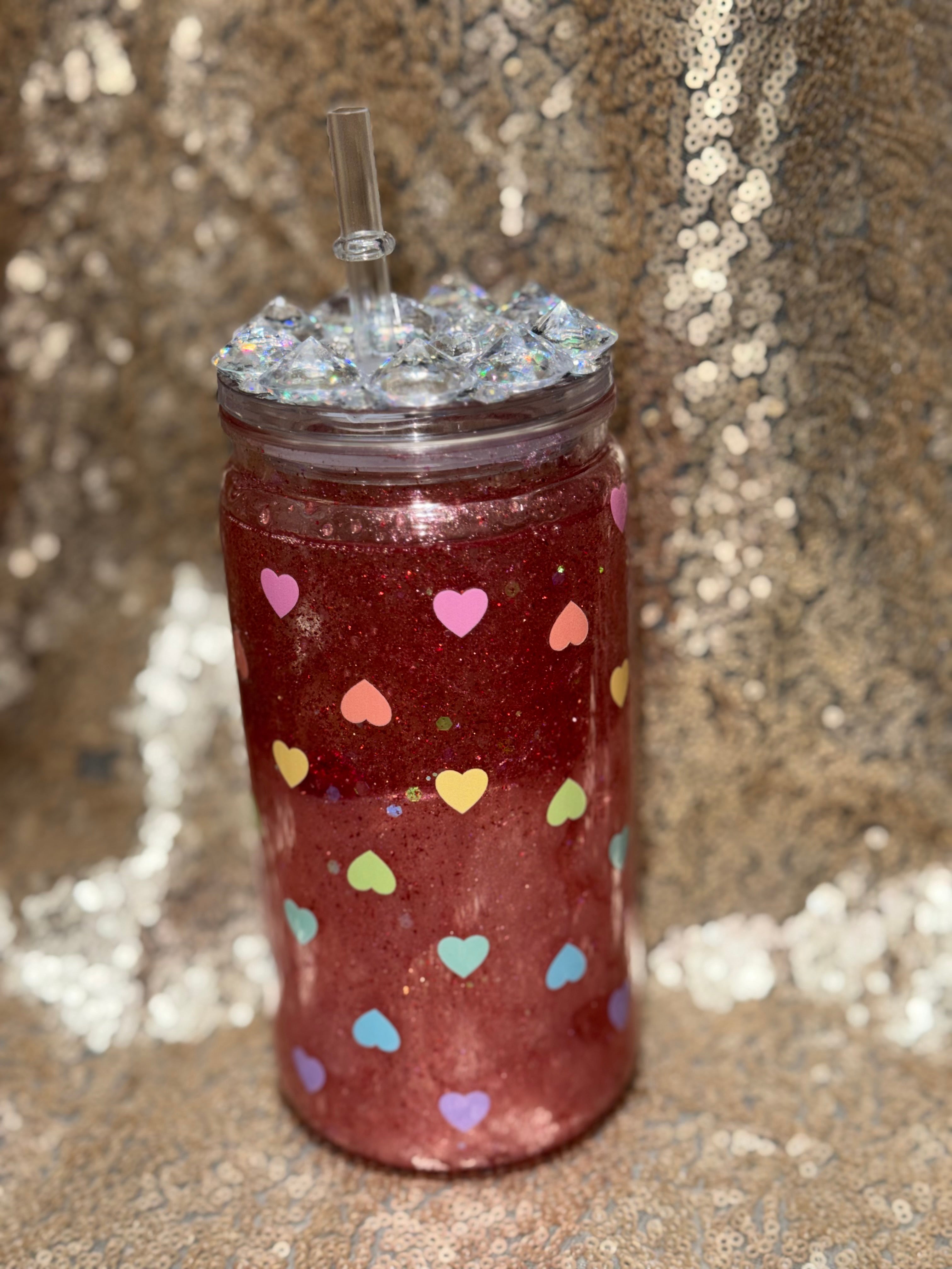 Ruby Love Snow Globe Tumbler 16oz with Colorful Heart Glitter Sparkling Lid Handcrafted Ruby Red Shimmer Perfect for Valentine's Gifts