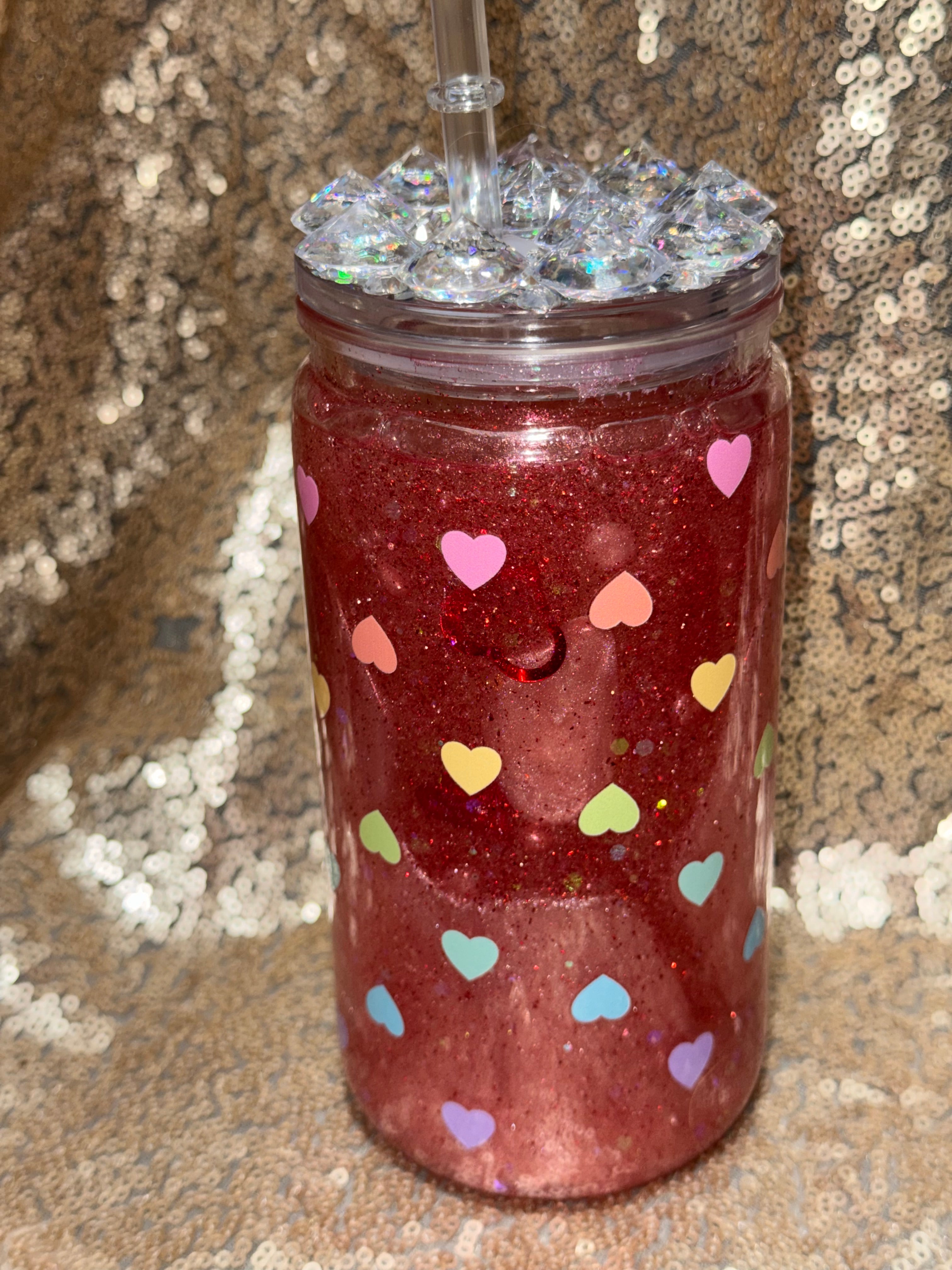 Ruby Love Snow Globe Tumbler 16oz with Colorful Heart Glitter Sparkling Lid Handcrafted Ruby Red Shimmer Perfect for Valentine's Gifts