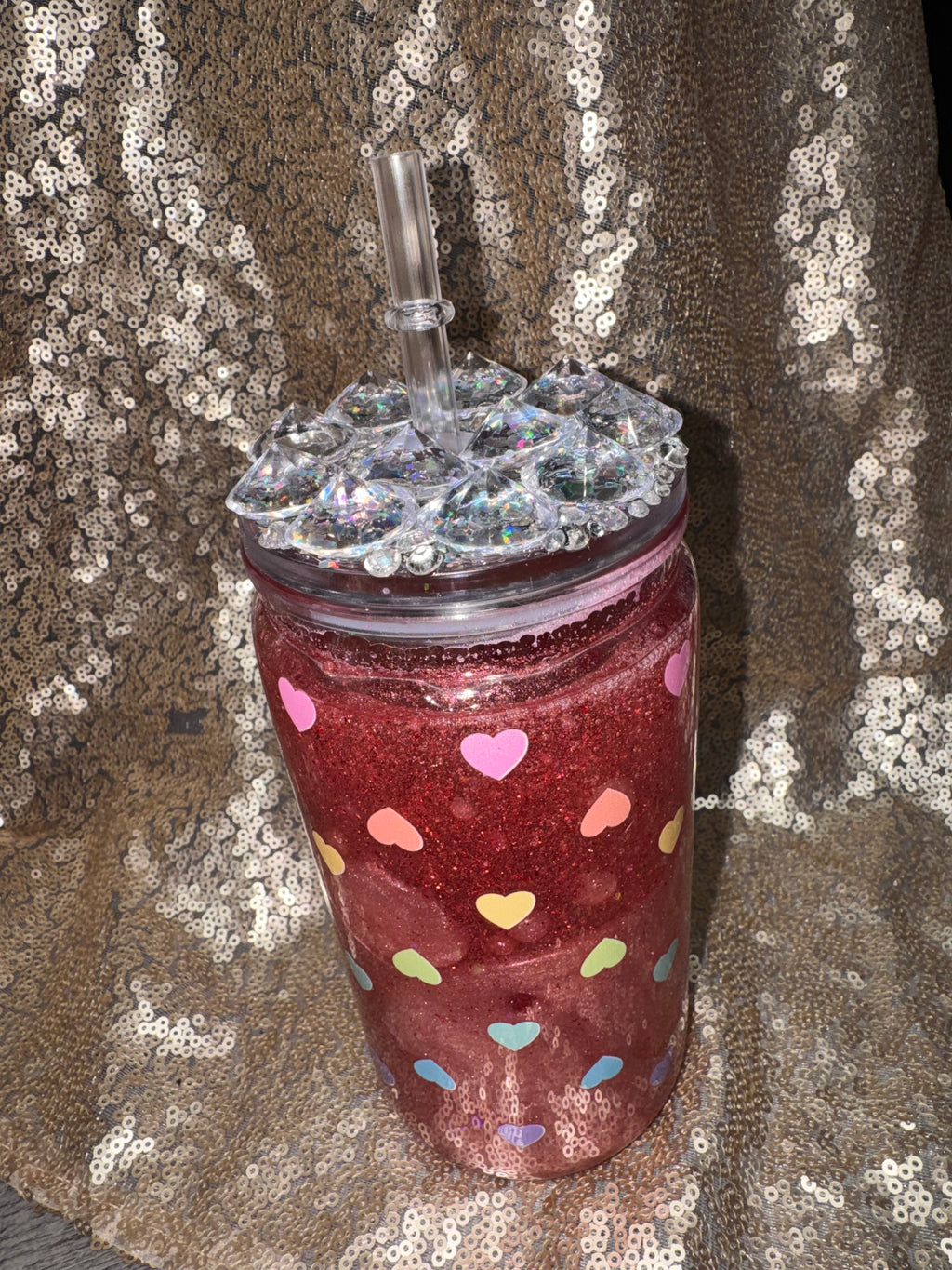 Ruby Love Snow Globe Tumbler 16oz with Colorful Heart Glitter Sparkling Lid Handcrafted Ruby Red Shimmer Perfect for Valentine's Gifts