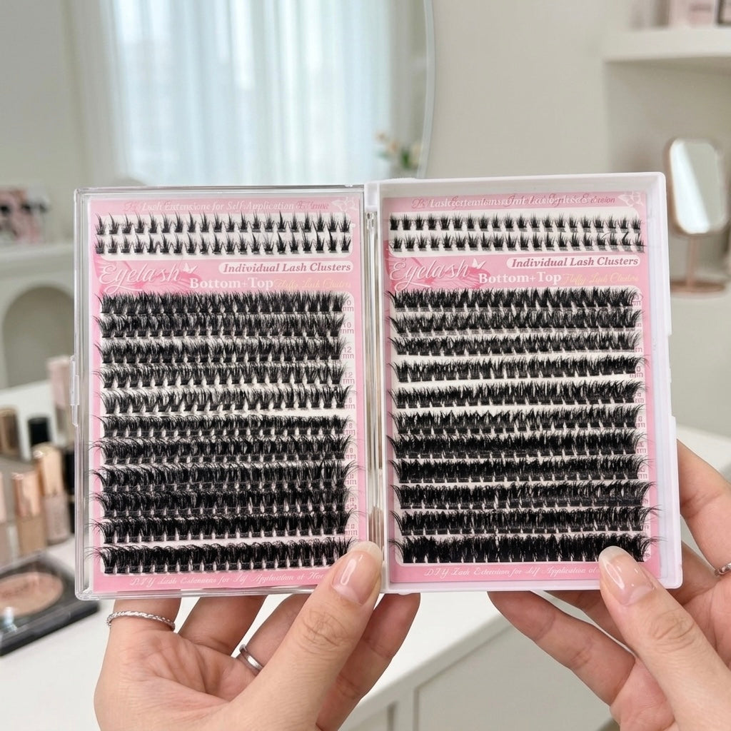 Lash Clusters Kit, 22 Top Styles of Wispy Manga Lashes (10-18mm),4 Bottom Lash Rows, D Curl Volume Lash Book Set with Glue, Brush Tweezers, Fluffy Natural Look Easy to Apply