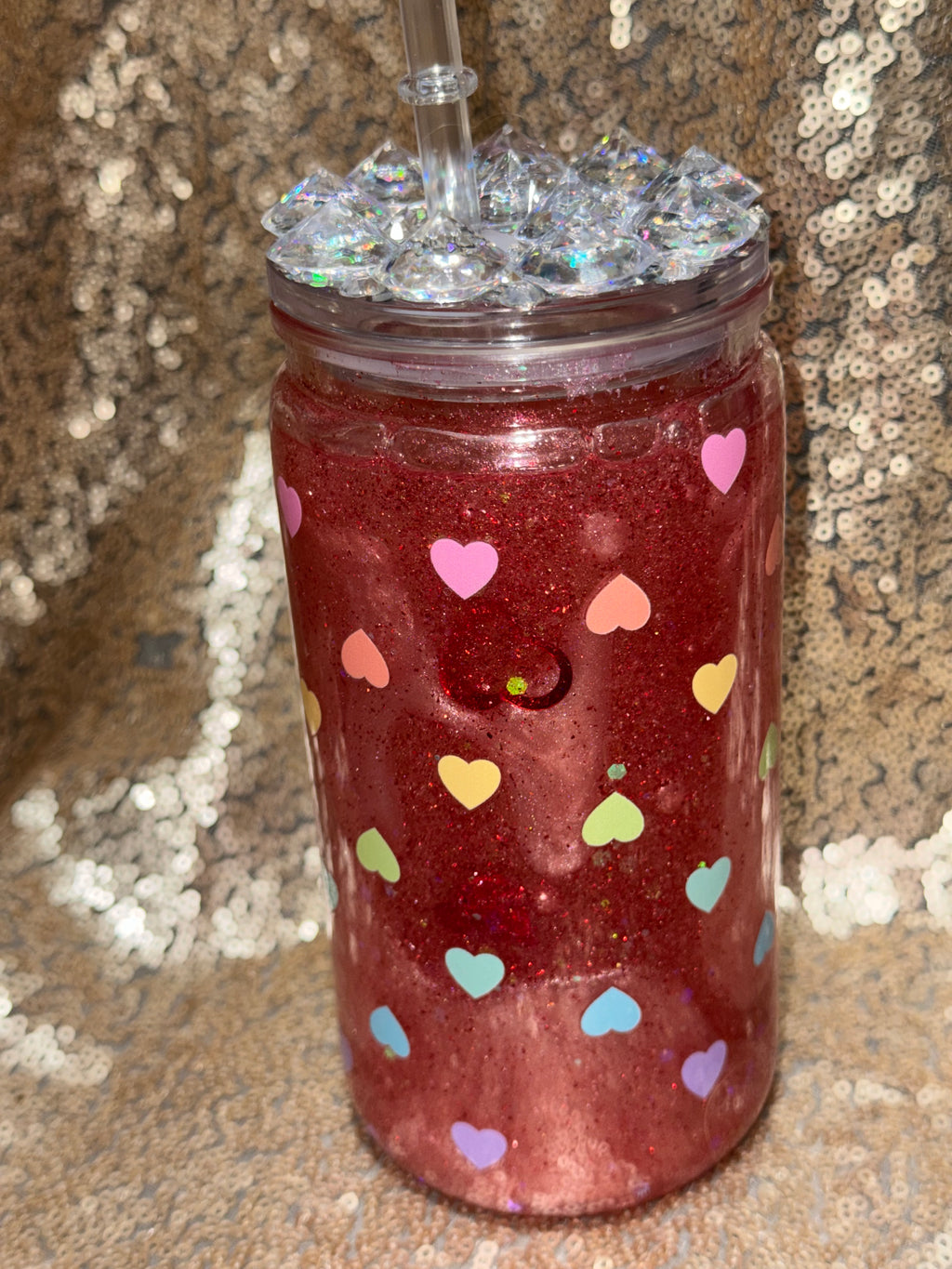 Ruby Love Snow Globe Tumbler 16oz with Colorful Heart Glitter Sparkling Lid Handcrafted Ruby Red Shimmer Perfect for Valentine's Gifts