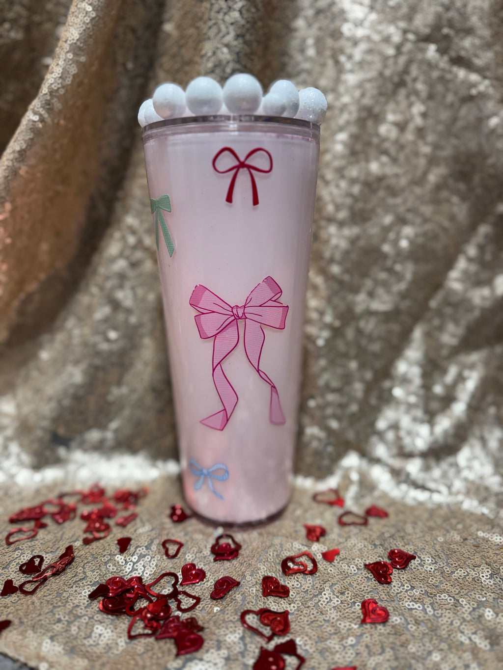 Milky Blush Pink Tumbler 24oz Pre Made And Custom Perfect Gift For Valentines Day with Adorable Bow Design