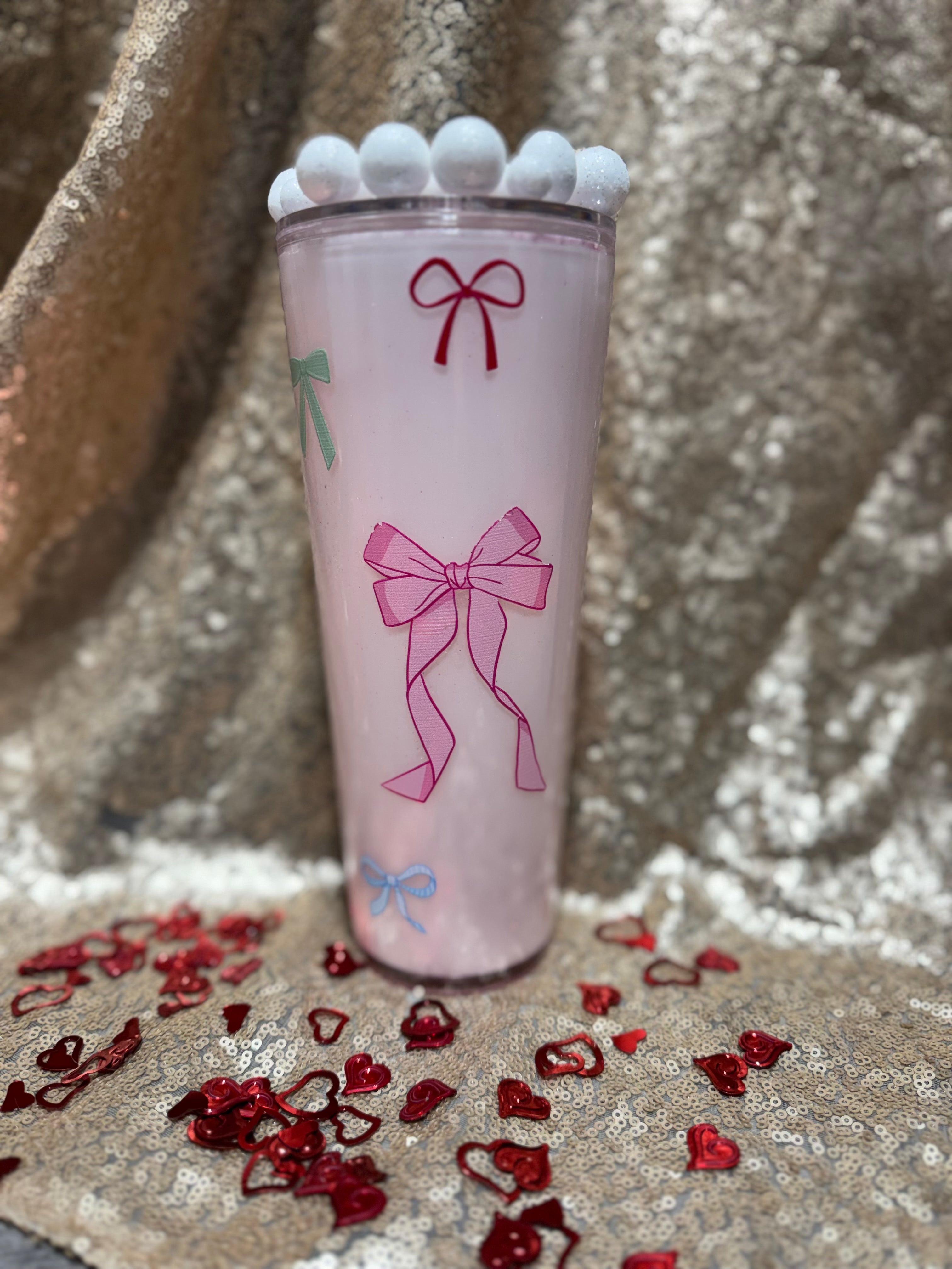 Milky Blush Pink Tumbler 24oz Pre Made And Custom Perfect Gift For Valentines Day with Adorable Bow Design