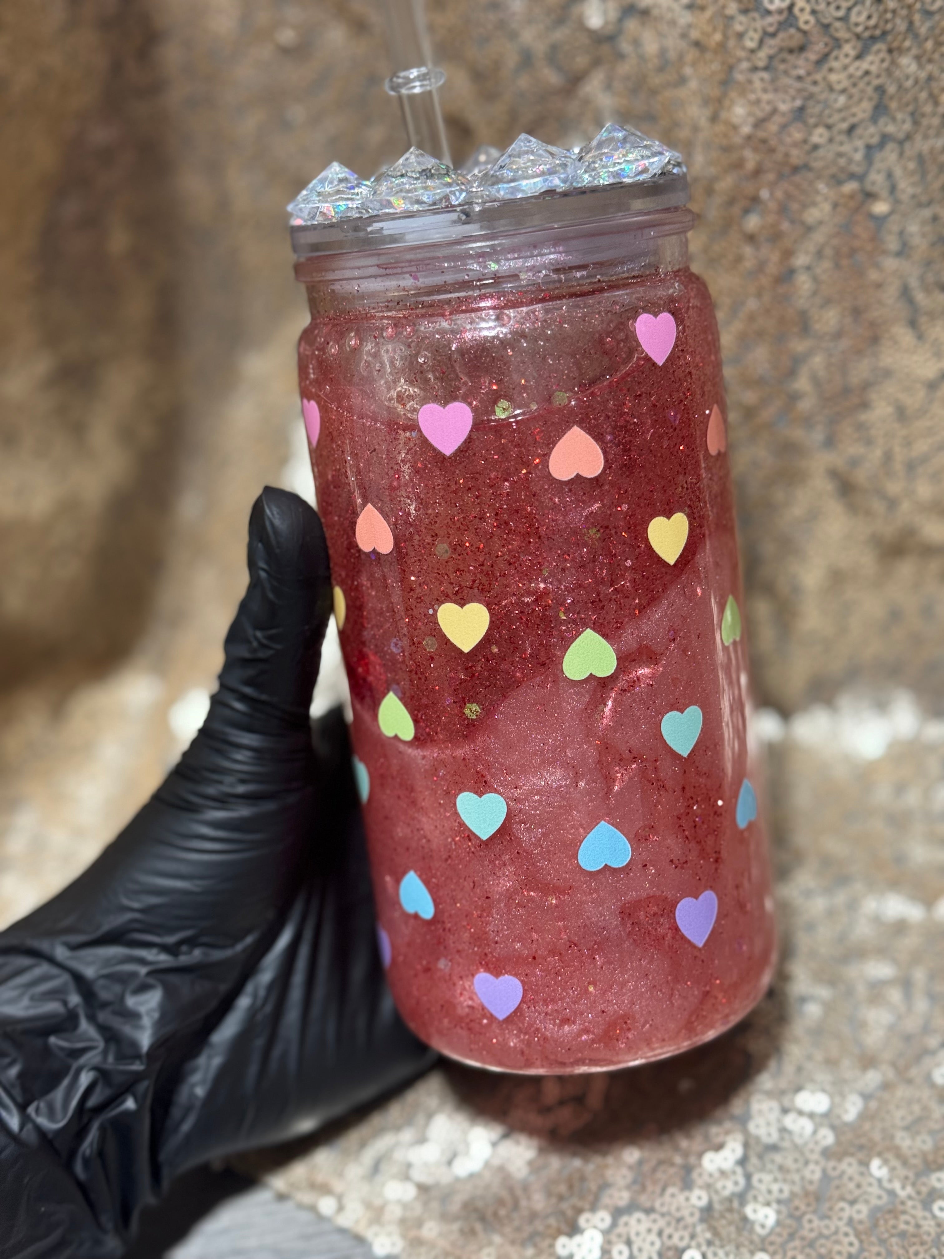 Ruby Love Snow Globe Tumbler 16oz with Colorful Heart Glitter Sparkling Lid Handcrafted Ruby Red Shimmer Perfect for Valentine's Gifts