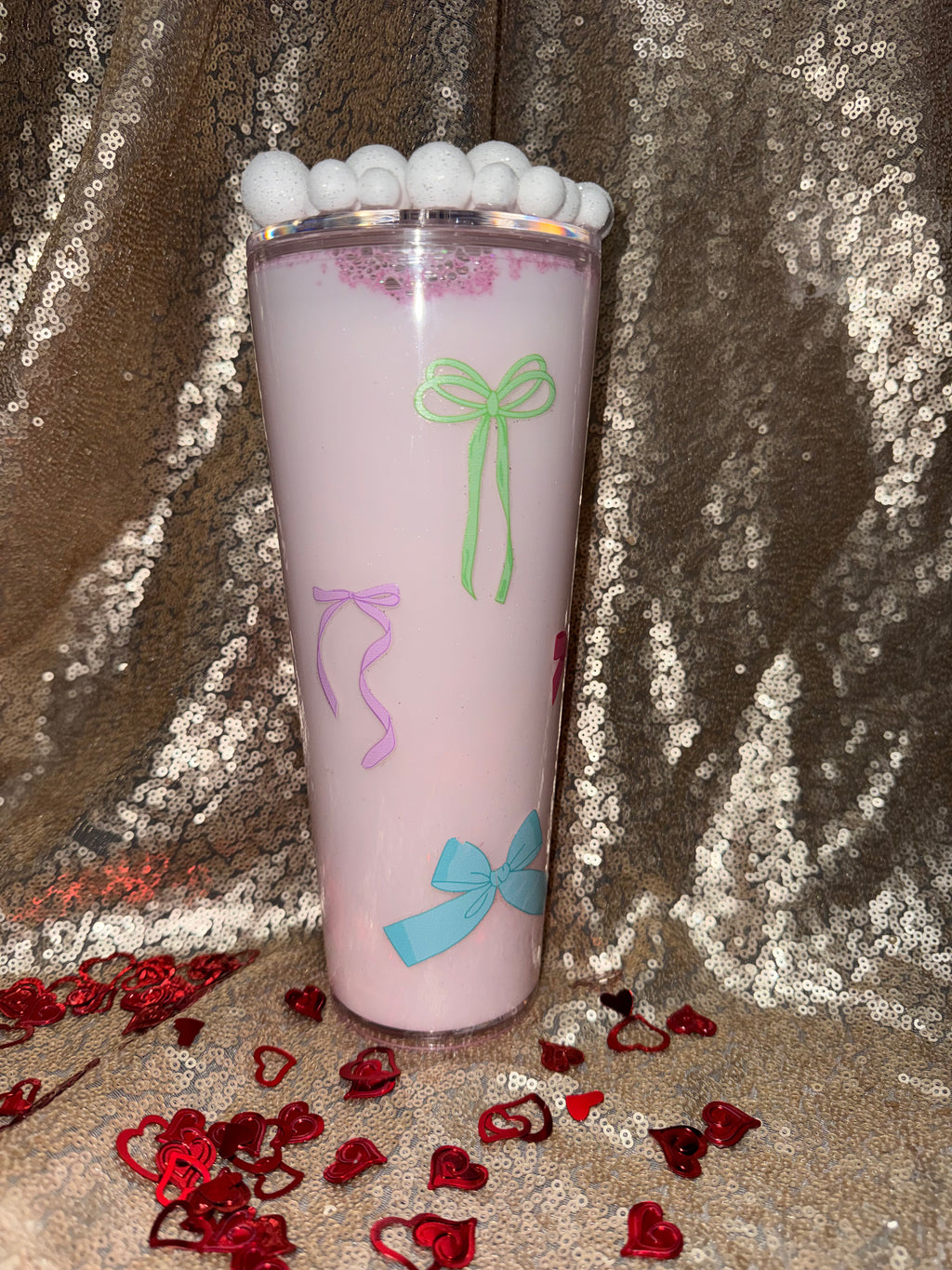 Milky Blush Pink Tumbler 24oz Pre Made And Custom Perfect Gift For Valentines Day with Adorable Bow Design