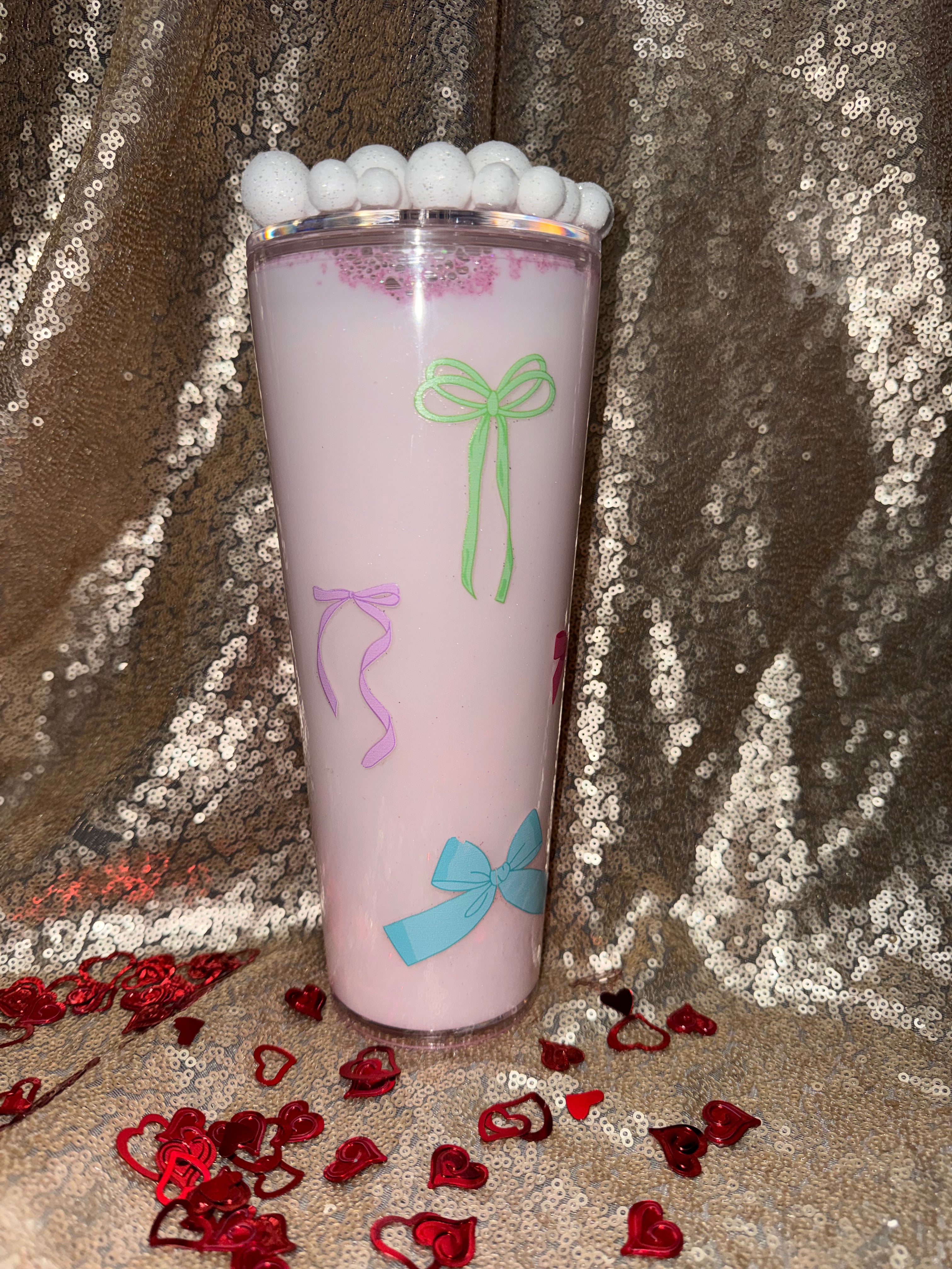 Milky Blush Pink Tumbler 24oz Pre Made And Custom Perfect Gift For Valentines Day with Adorable Bow Design