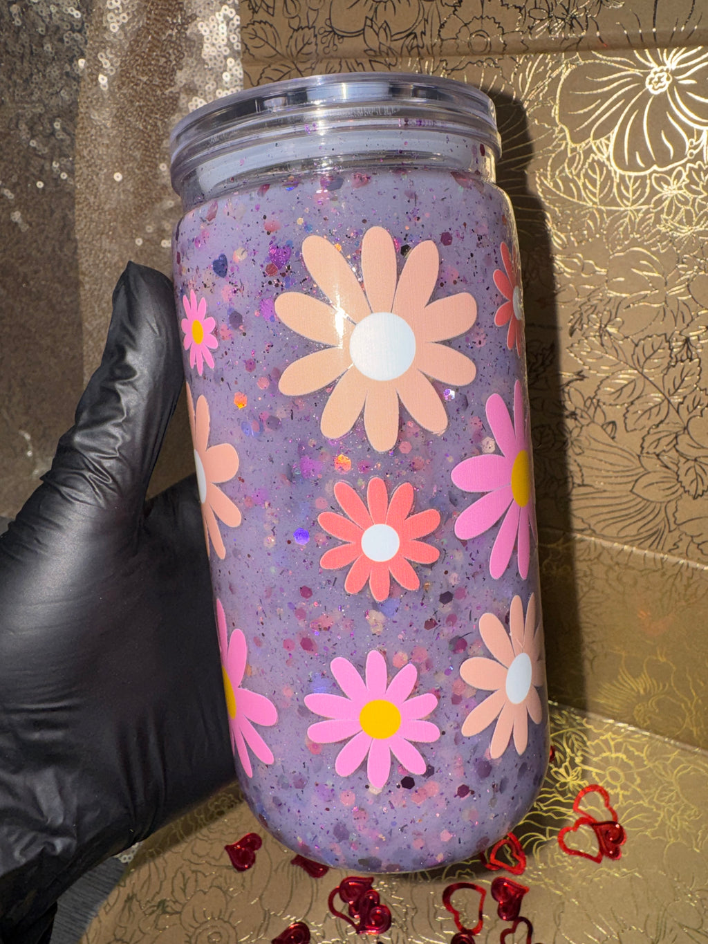 Lavender Daisy Suspended Shimmer Tumbler 16oz– Handmade Floral Glitter Cup with Soft Floating Movement, Aesthetic Spring Drinkware Lavender Floral Tumbler with Floating Glitter Effect | Handmade Daisy Design Cup for Spring & Everyday Use