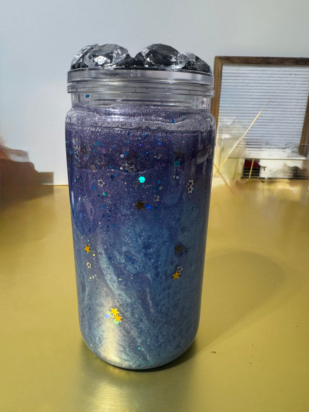 Galaxy Snow Globe Tumbler 16 oz Plastic with Glitter Cold Drinks Cup Lid & Straw Mesmerizing Blue Purple Swirls Star Accents