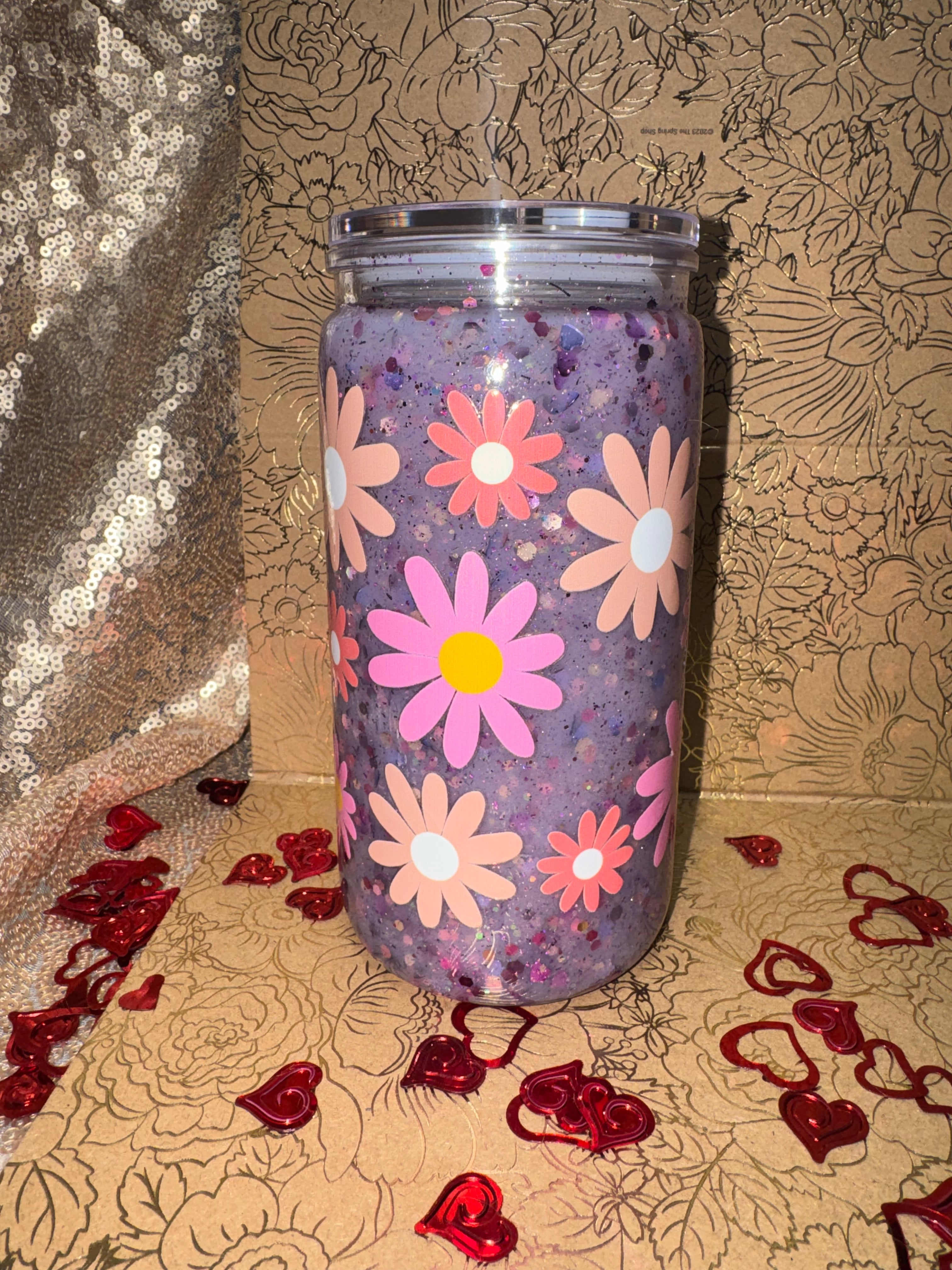 Lavender Daisy Suspended Shimmer Tumbler 16oz– Handmade Floral Glitter Cup with Soft Floating Movement, Aesthetic Spring Drinkware Lavender Floral Tumbler with Floating Glitter Effect | Handmade Daisy Design Cup for Spring & Everyday Use