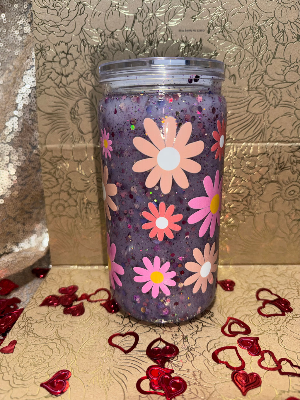Lavender Daisy Suspended Shimmer Tumbler 16oz– Handmade Floral Glitter Cup with Soft Floating Movement, Aesthetic Spring Drinkware Lavender Floral Tumbler with Floating Glitter Effect | Handmade Daisy Design Cup for Spring & Everyday Use
