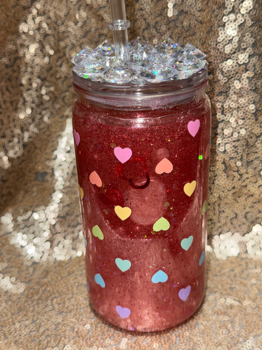 Ruby Love Snow Globe Tumbler 16oz with Colorful Heart Glitter Sparkling Lid Handcrafted Ruby Red Shimmer Perfect for Valentine's Gifts
