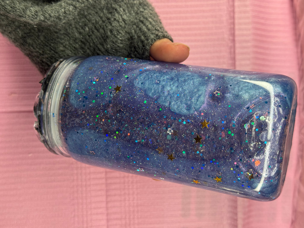 Galaxy Snow Globe Tumbler 16 oz Plastic with Glitter Cold Drinks Cup Lid & Straw Mesmerizing Blue Purple Swirls Star Accents