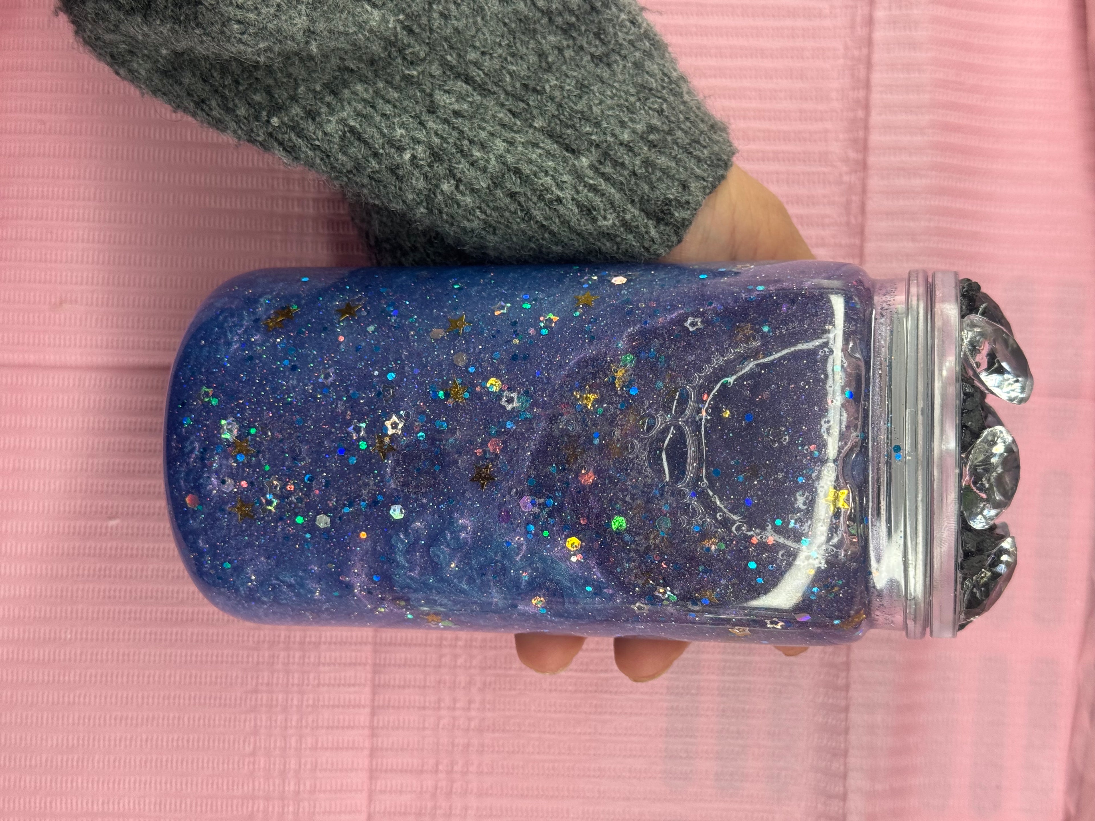 Galaxy Snow Globe Tumbler 16 oz Plastic with Glitter Cold Drinks Cup Lid & Straw Mesmerizing Blue Purple Swirls Star Accents