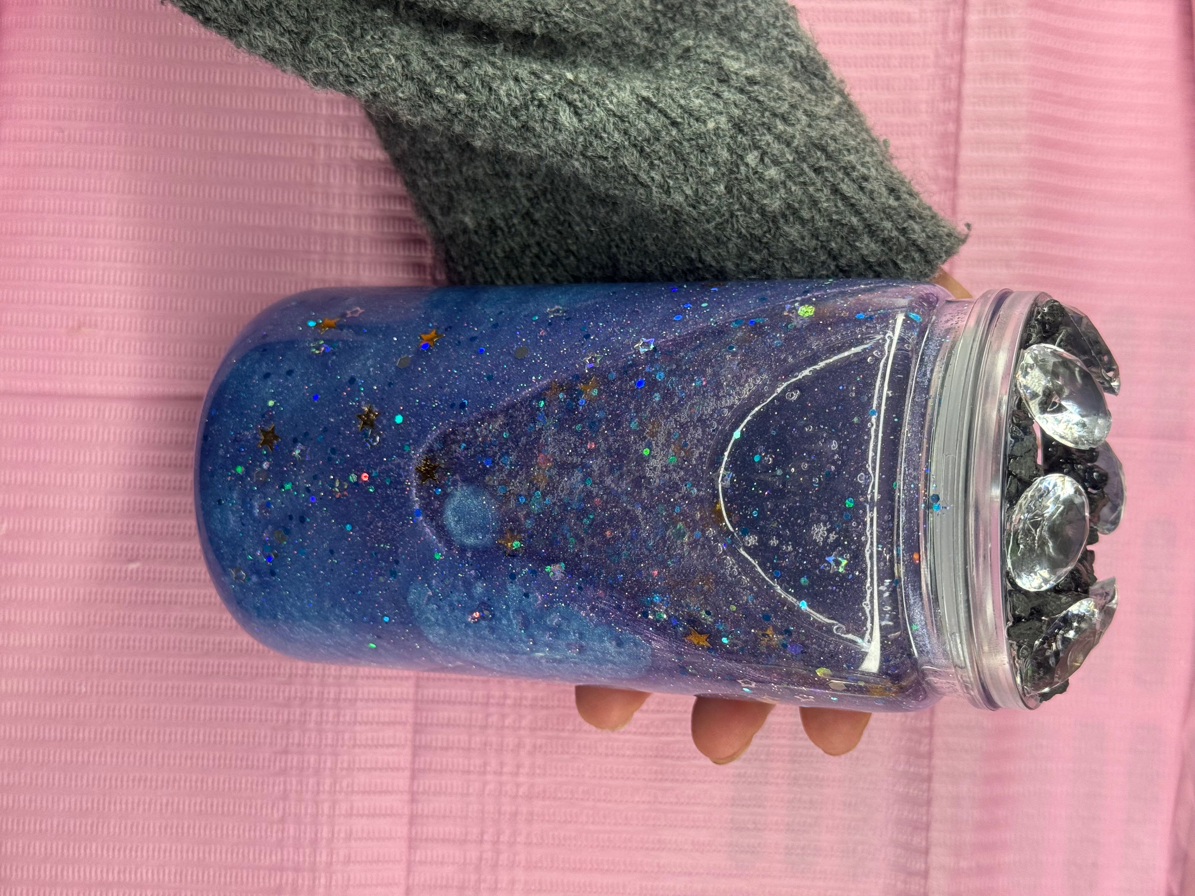 Galaxy Snow Globe Tumbler 16 oz Plastic with Glitter Cold Drinks Cup Lid & Straw Mesmerizing Blue Purple Swirls Star Accents