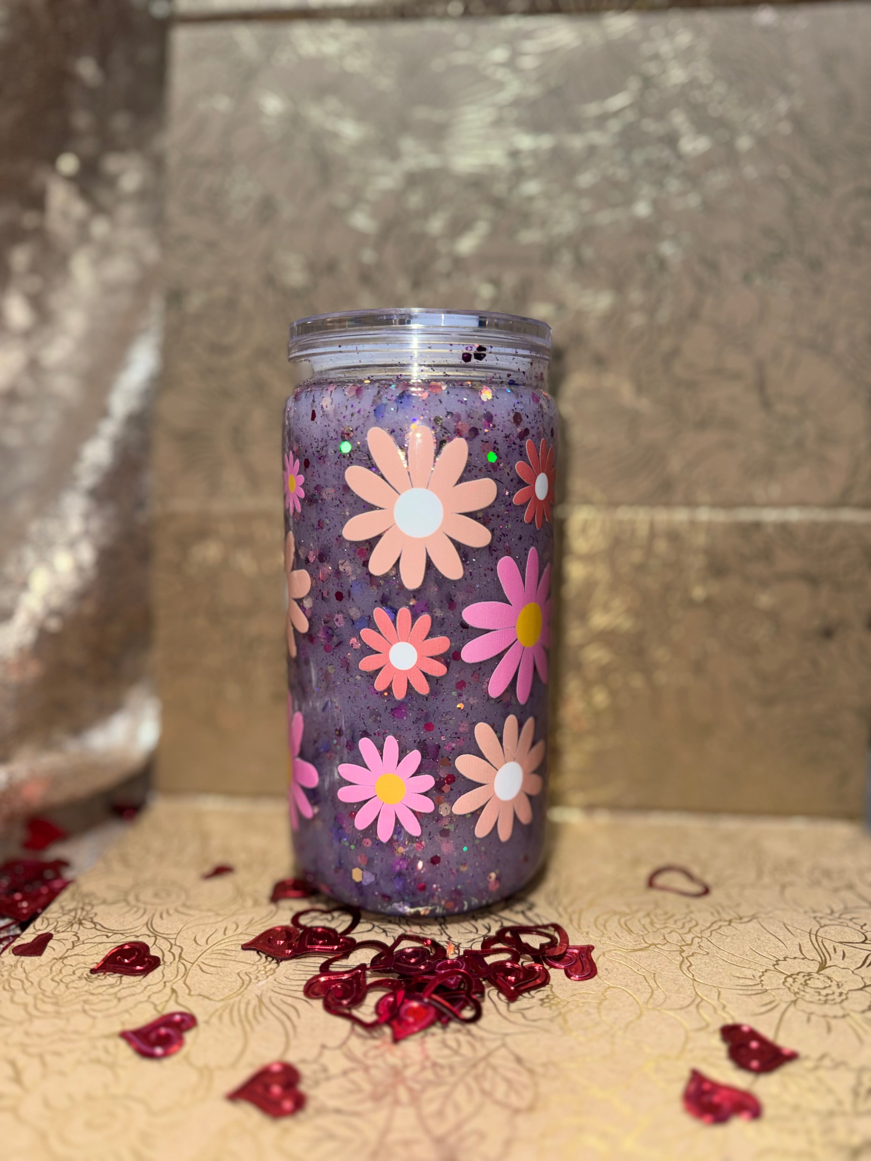 Lavender Daisy Suspended Shimmer Tumbler 16oz– Handmade Floral Glitter Cup with Soft Floating Movement, Aesthetic Spring Drinkware Lavender Floral Tumbler with Floating Glitter Effect | Handmade Daisy Design Cup for Spring & Everyday Use