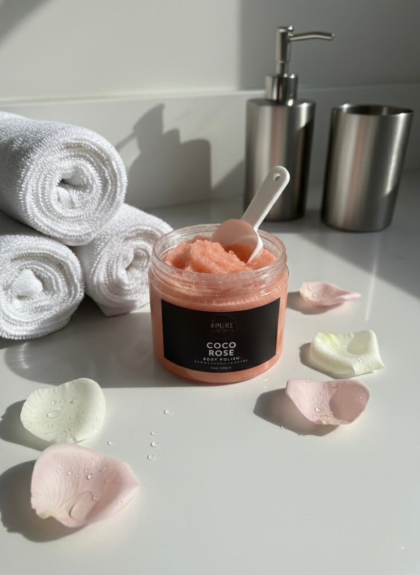 Pure Luxe Haus Coco Rose Body Polish, Exfoliating Sugar Scrub, 8.8 oz, Hydrating and Brightening