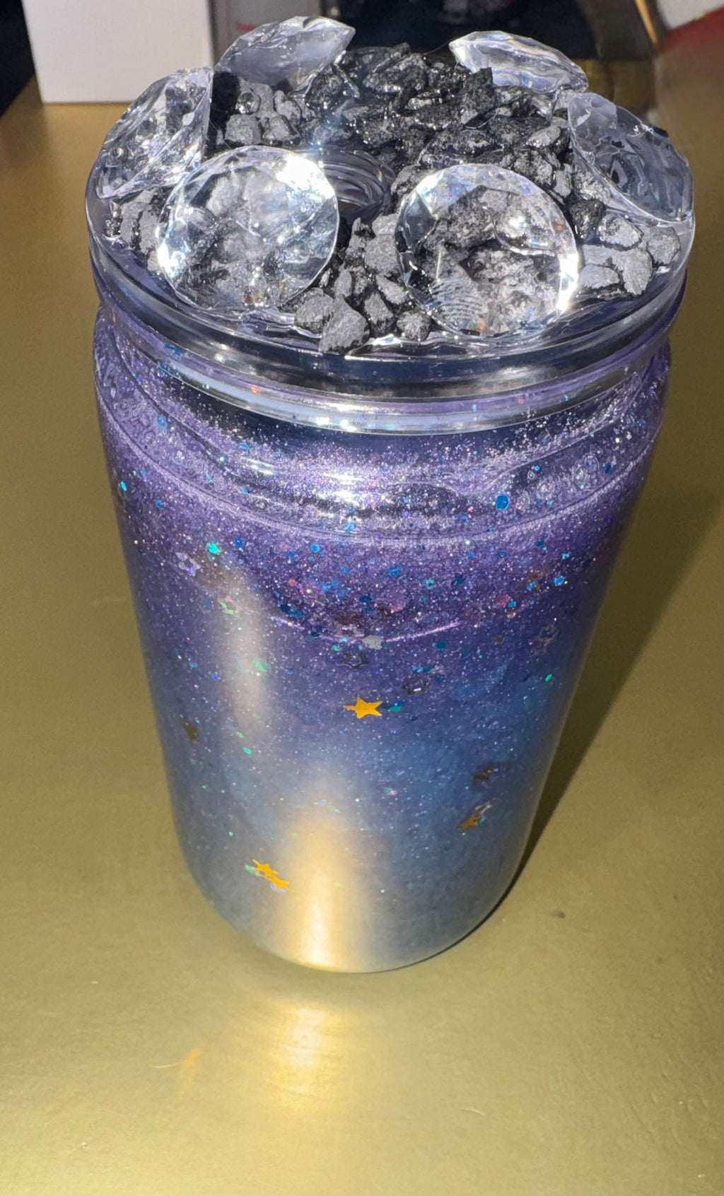 Galaxy Snow Globe Tumbler 16 oz Plastic with Glitter Cold Drinks Cup Lid & Straw Mesmerizing Blue Purple Swirls Star Accents