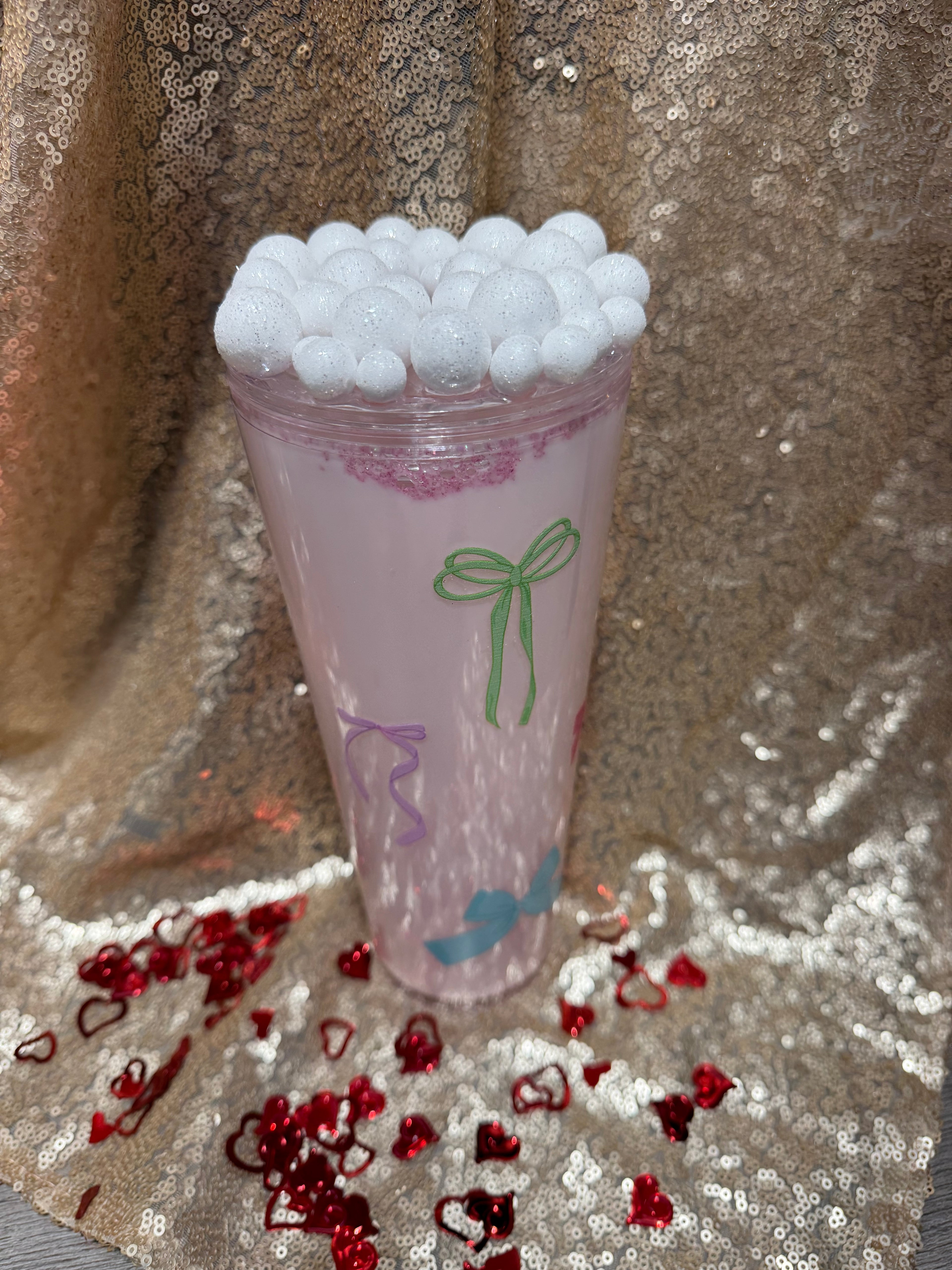 Milky Blush Pink Tumbler 24oz Pre Made And Custom Perfect Gift For Valentines Day with Adorable Bow Design