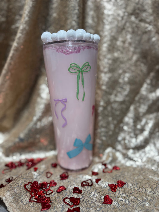 Milky Blush Pink Tumbler 24oz Pre Made And Custom Perfect Gift For Valentines Day with Adorable Bow Design