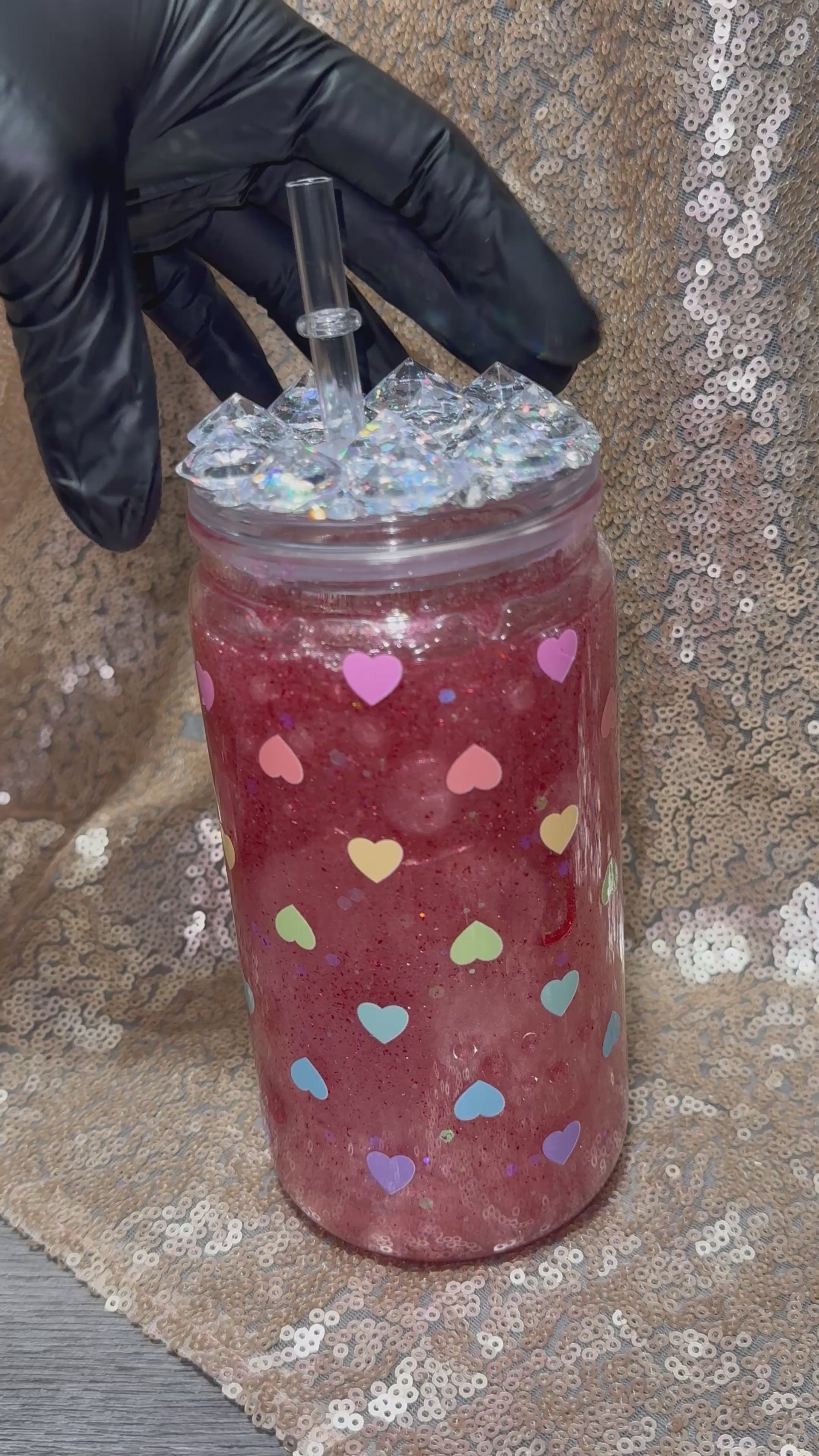Ruby Love Snow Globe Tumbler 16oz with Colorful Heart Glitter Sparkling Lid Handcrafted Ruby Red Shimmer Perfect for Valentine's Gifts