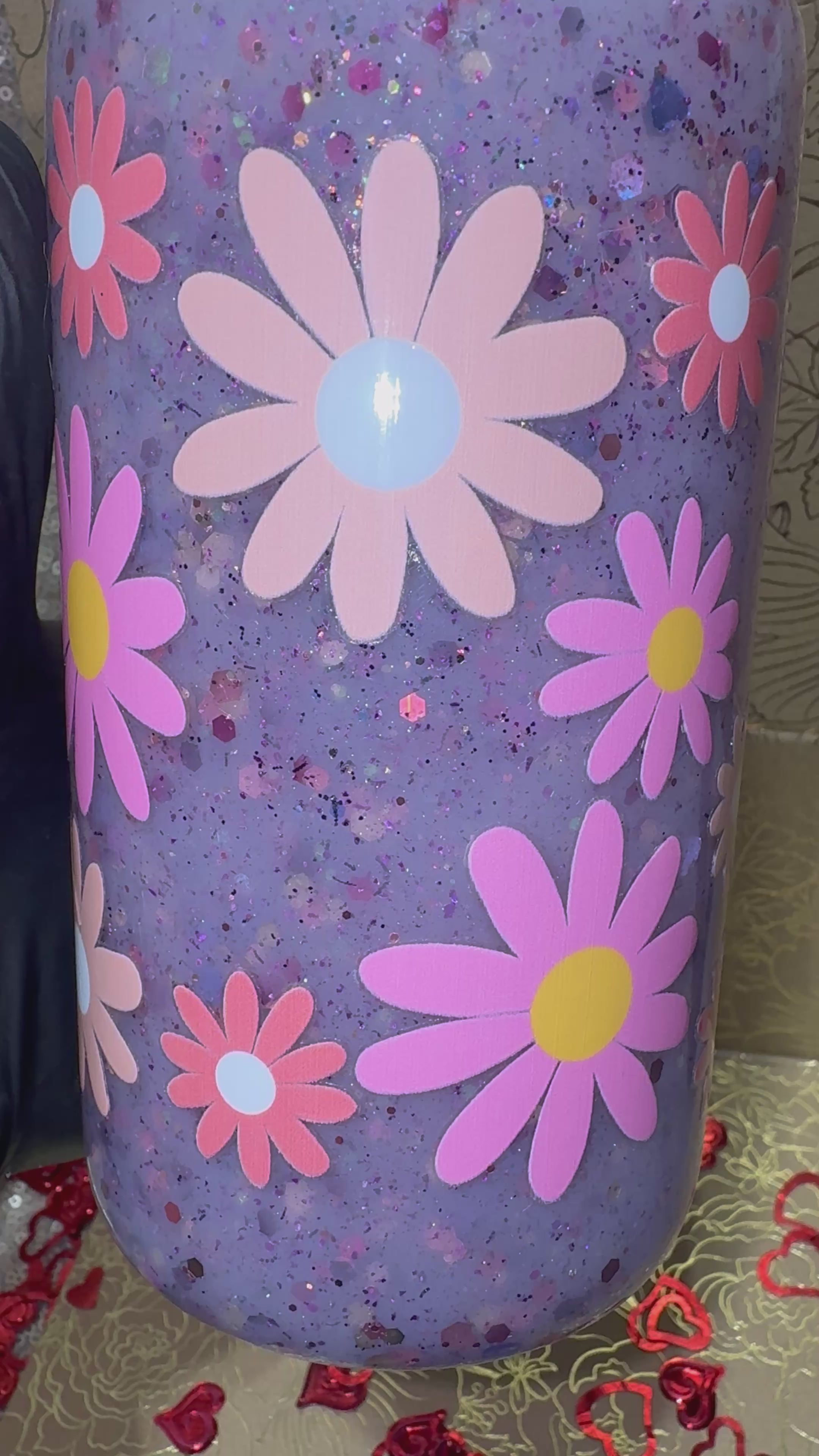 Lavender Daisy Suspended Shimmer Tumbler 16oz– Handmade Floral Glitter Cup with Soft Floating Movement, Aesthetic Spring Drinkware Lavender Floral Tumbler with Floating Glitter Effect | Handmade Daisy Design Cup for Spring & Everyday Use